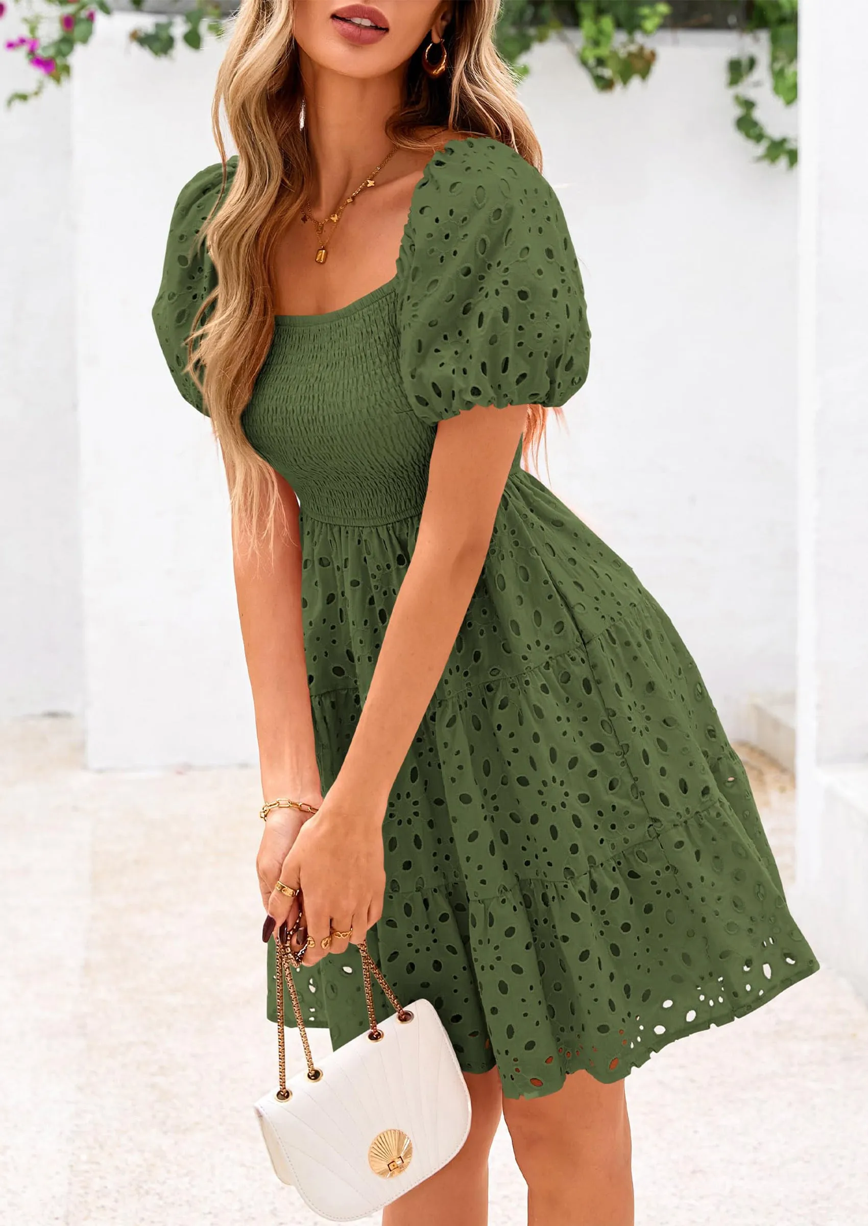 Puff Sleeve Off Shoulder Eyelet Smocked A Line Casual Babydoll Mini Dress