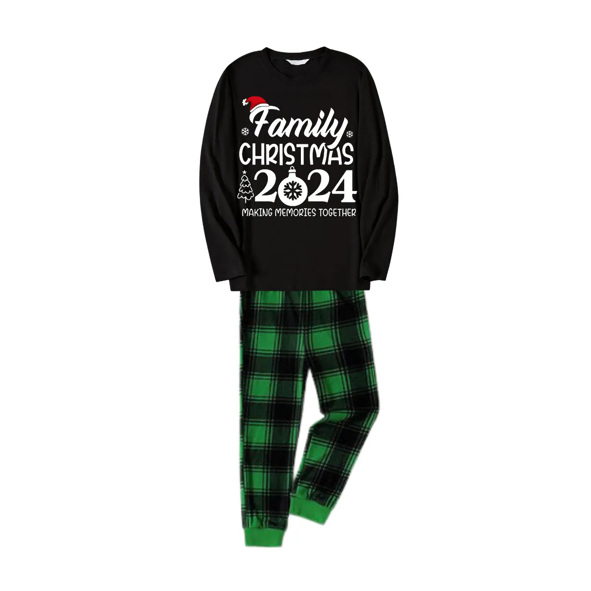"Family Christmas 2024 Making Memories Together" Text and Santa Hat Printed Black and Green Plaid Family Christmas Matching Pajamas