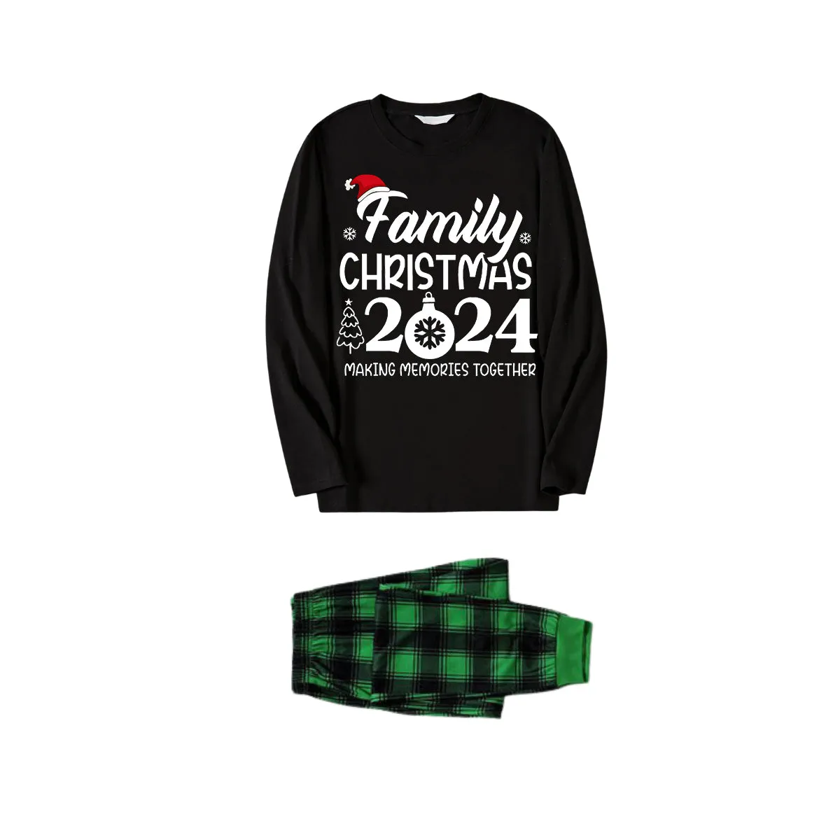 "Family Christmas 2024 Making Memories Together" Text and Santa Hat Printed Black and Green Plaid Family Christmas Matching Pajamas