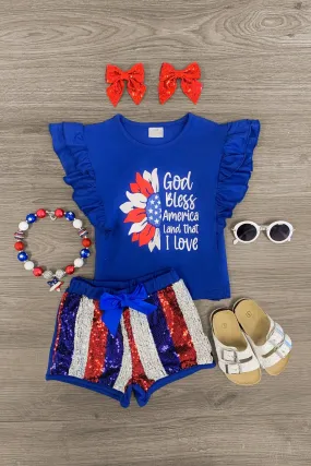 "God Bless America" Sunflower Sequin Short Set