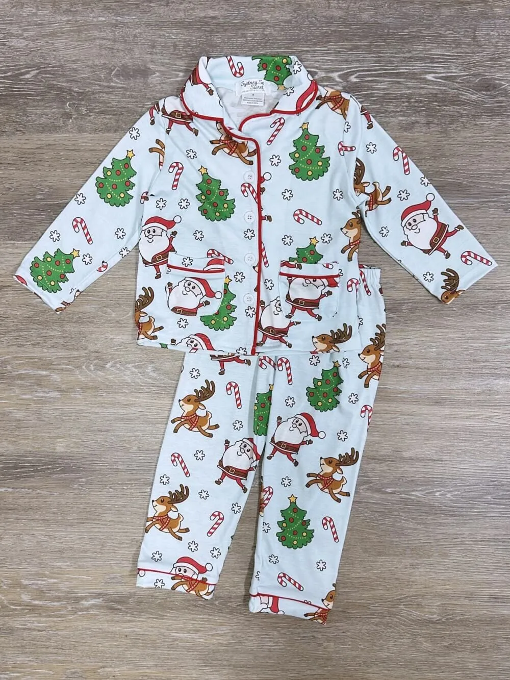 Santa and his Reindeer Boys or Girls Button Up Pajama Set