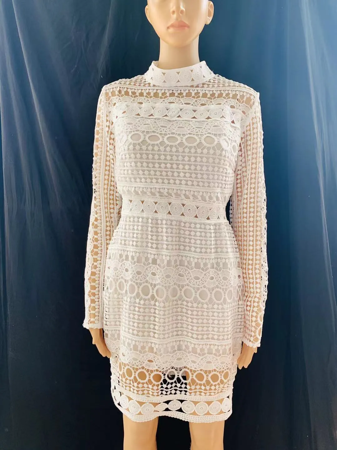 Sexy Long Sleeve High Neck White Lace Bodycon Party Dress