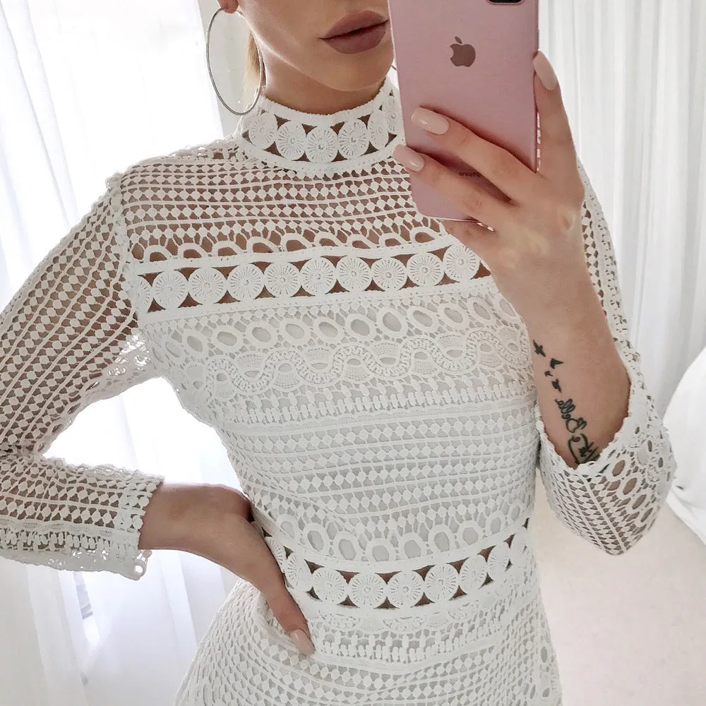Sexy Long Sleeve High Neck White Lace Bodycon Party Dress