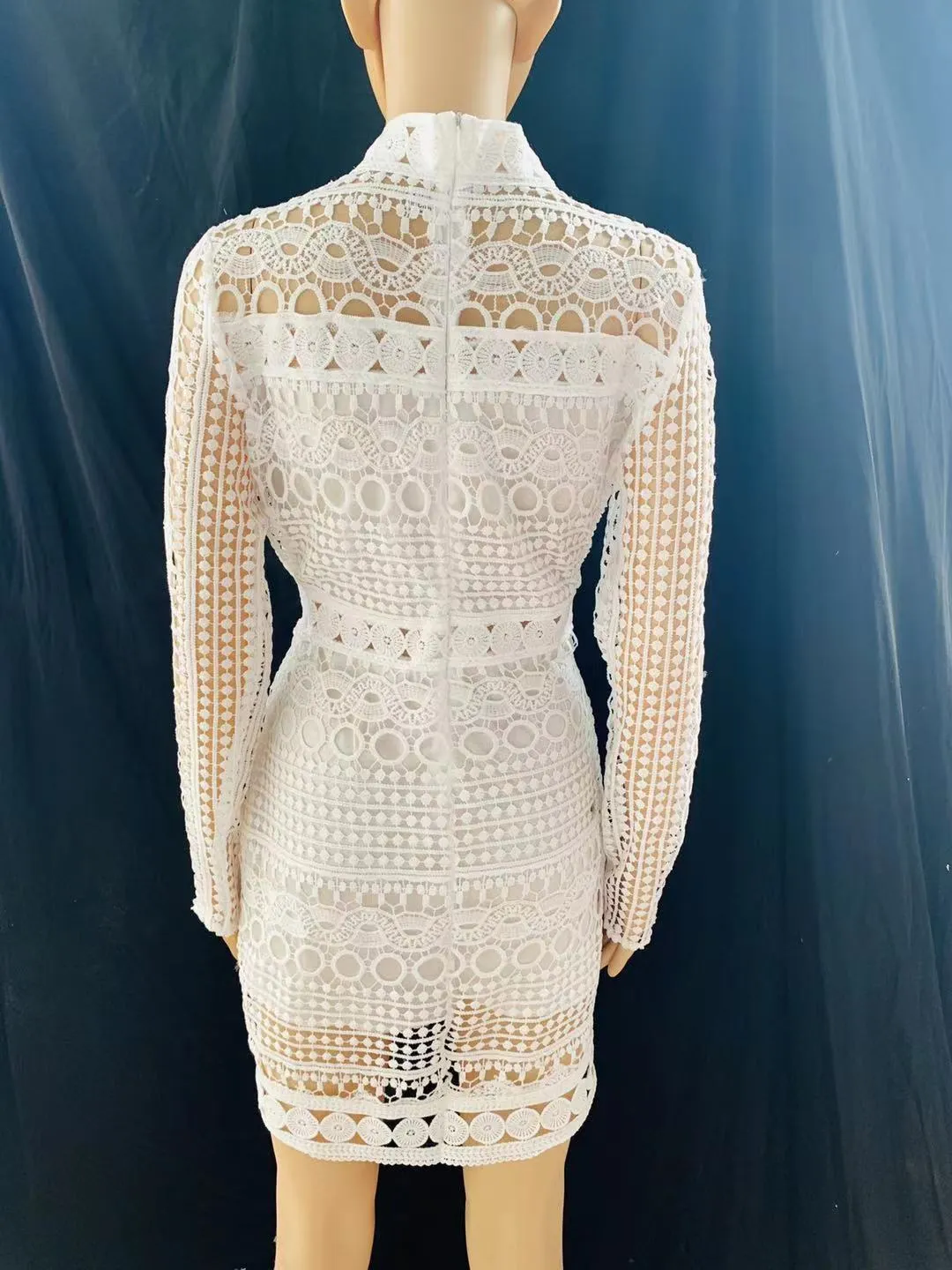 Sexy Long Sleeve High Neck White Lace Bodycon Party Dress