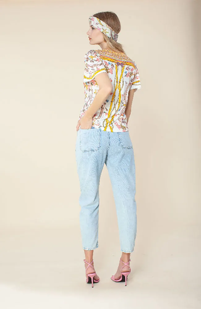 Short Sleeve Ribbon Print Top