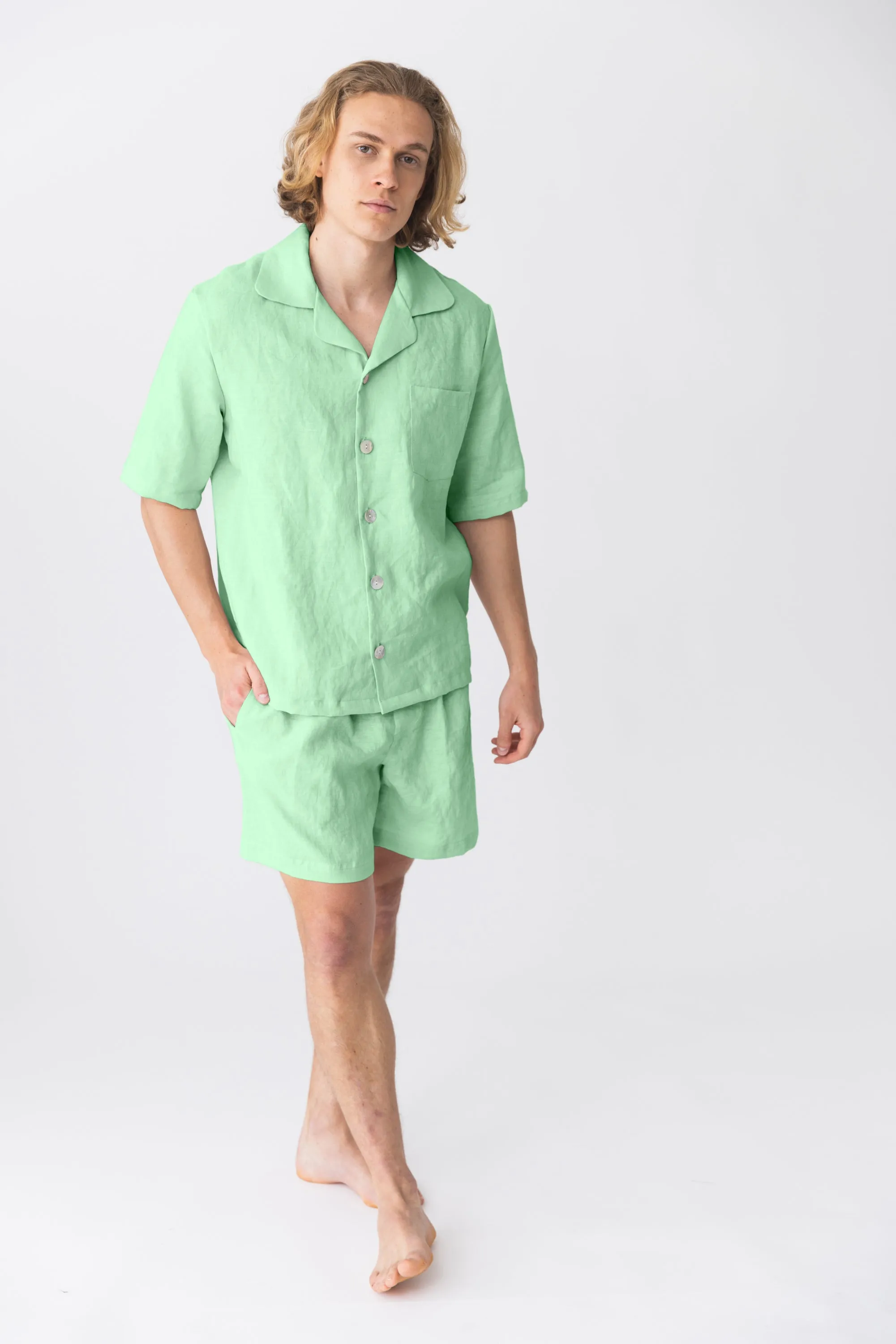Short-sleeved linen pajamas mint green - Emanuel