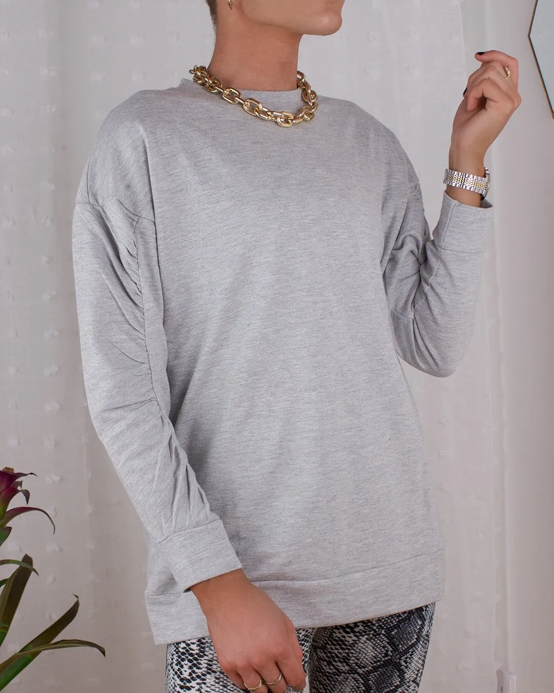 Simple Life Ruched Sweatshirt in Grey
