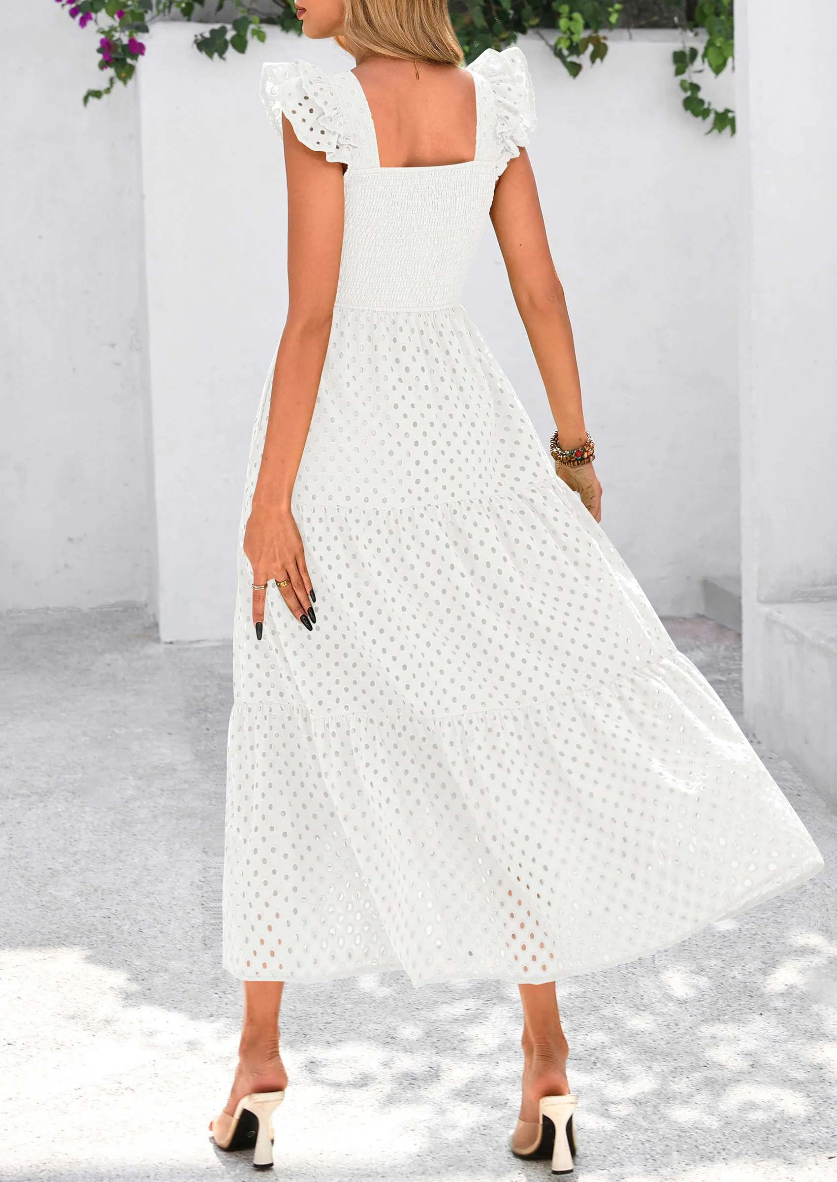 Square Neck Cap Sleeve Eyelet Smocked Tiered A Line Maxi Dresses with Pockets
