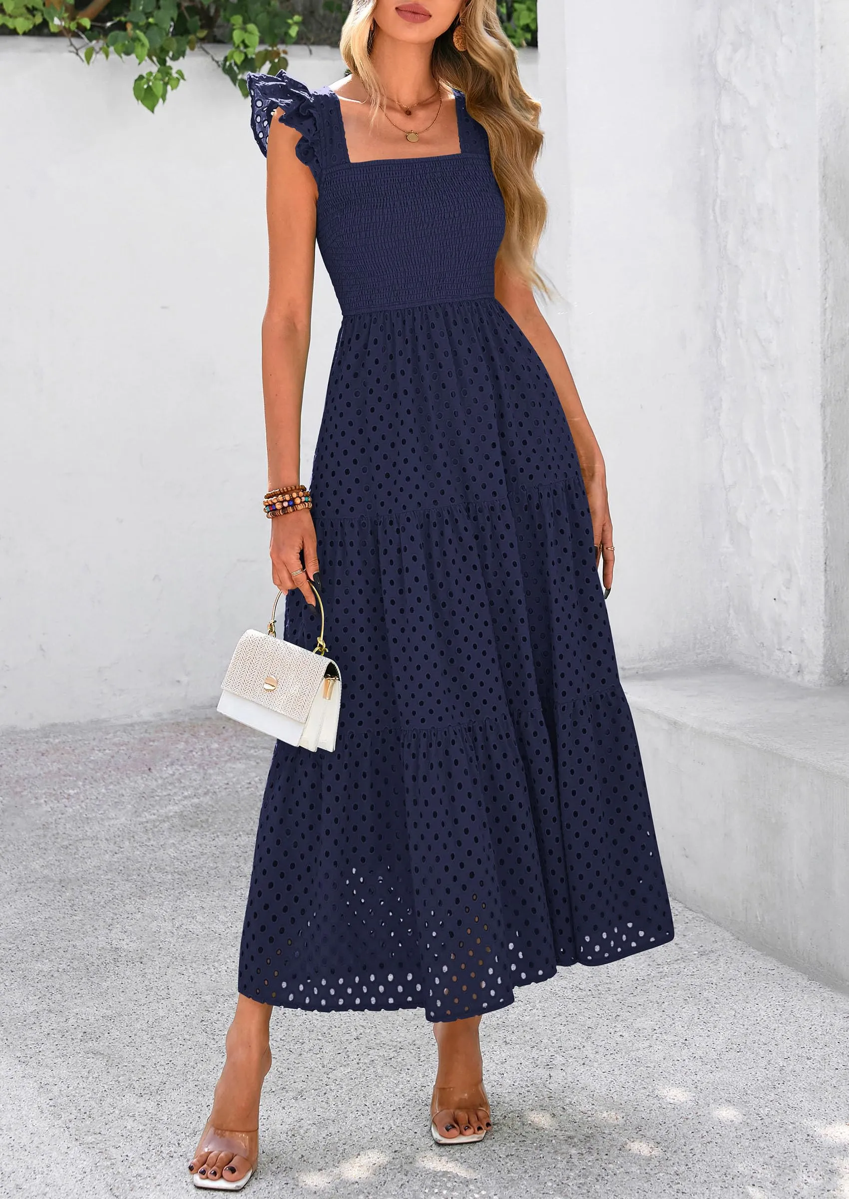 Square Neck Cap Sleeve Eyelet Smocked Tiered A Line Maxi Dresses with Pockets