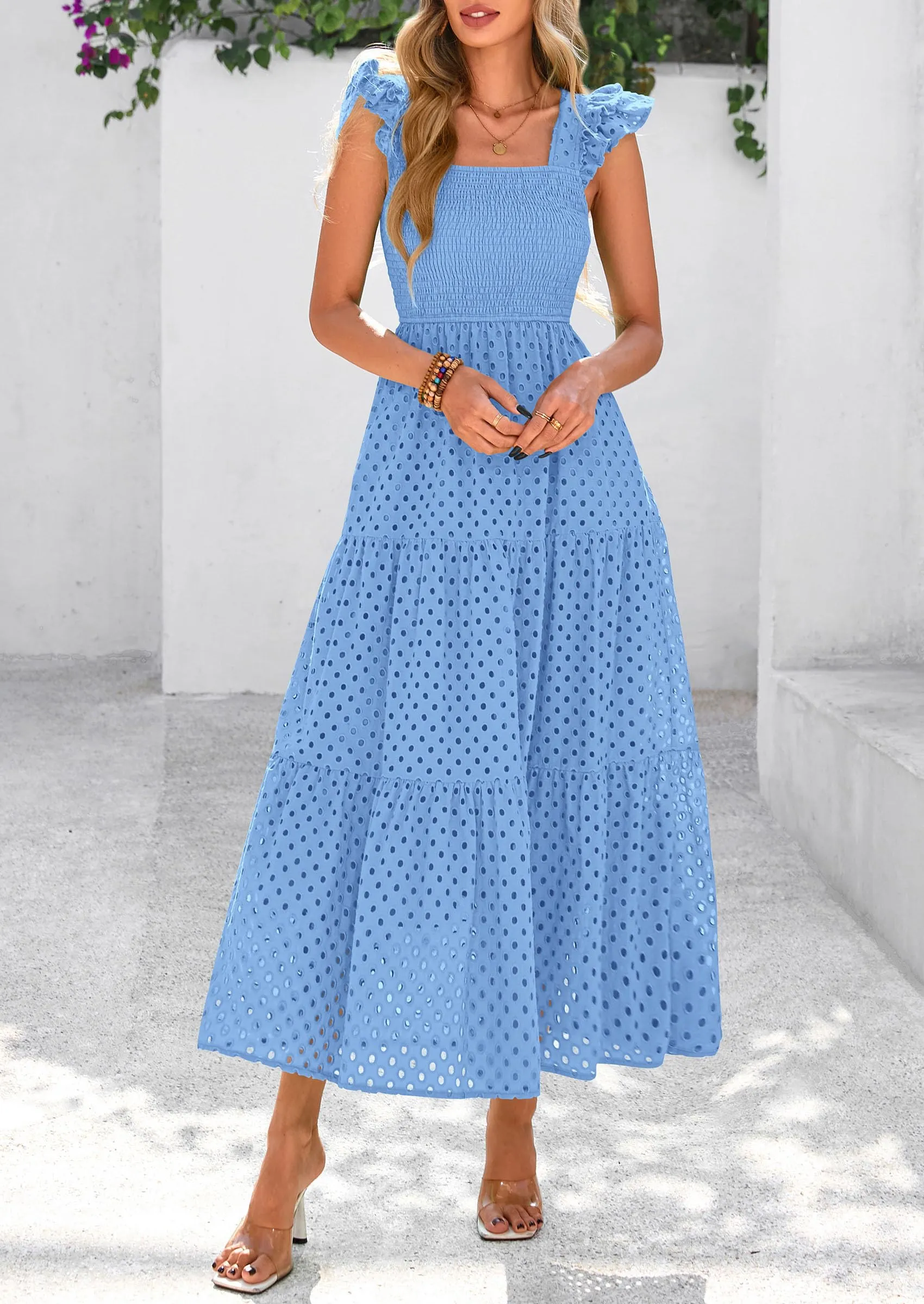 Square Neck Cap Sleeve Eyelet Smocked Tiered A Line Maxi Dresses with Pockets