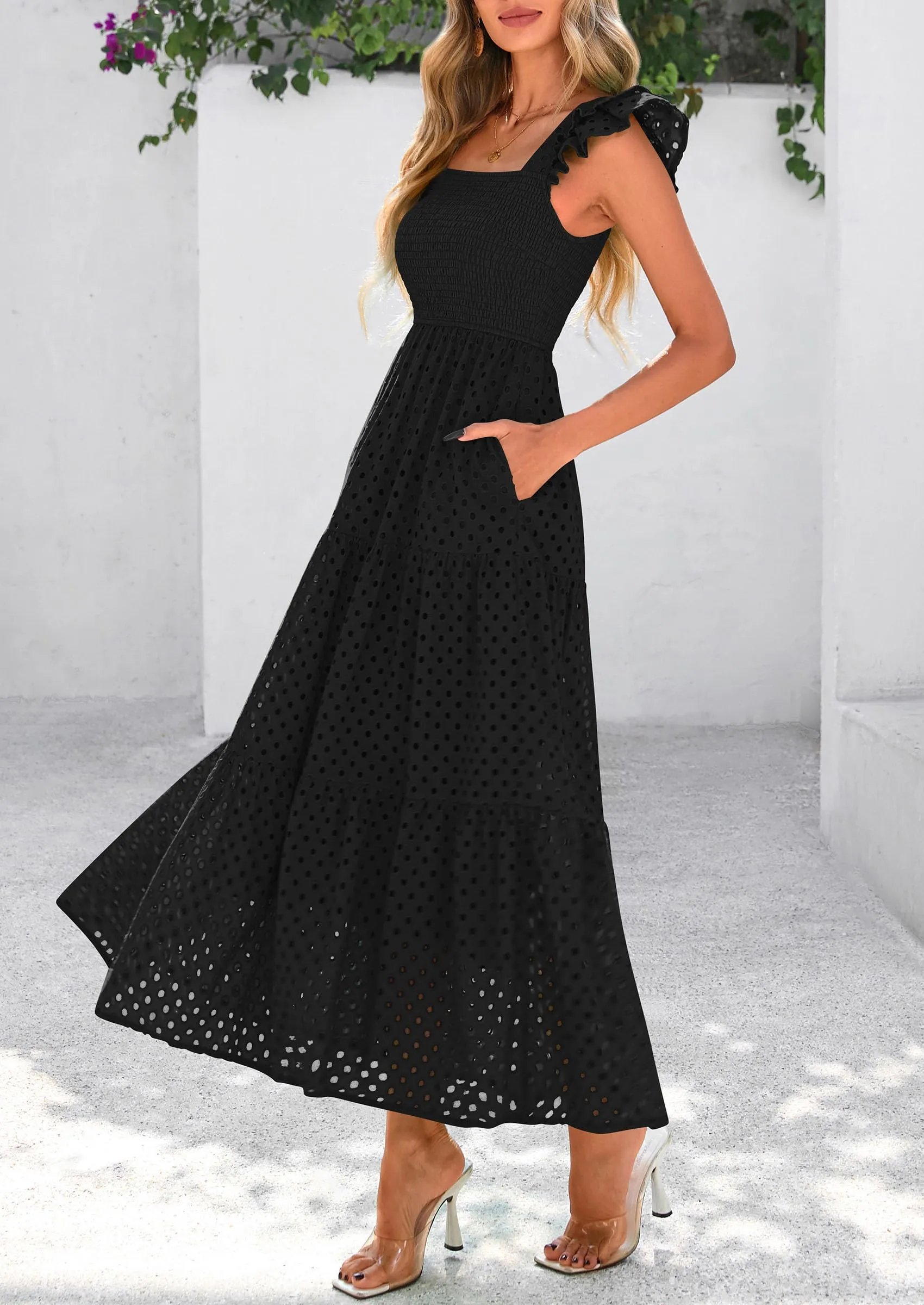 Square Neck Cap Sleeve Eyelet Smocked Tiered A Line Maxi Dresses with Pockets