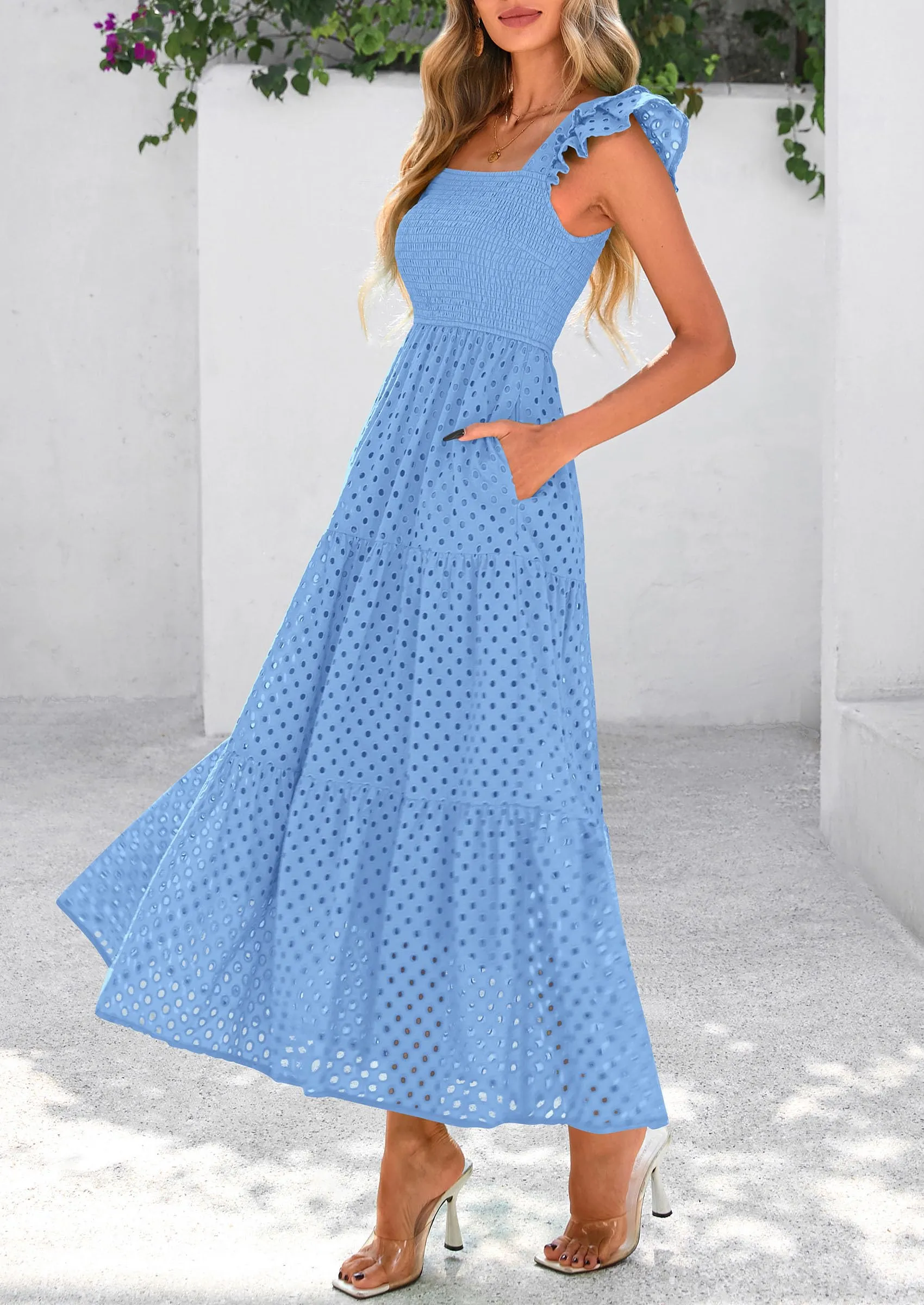 Square Neck Cap Sleeve Eyelet Smocked Tiered A Line Maxi Dresses with Pockets