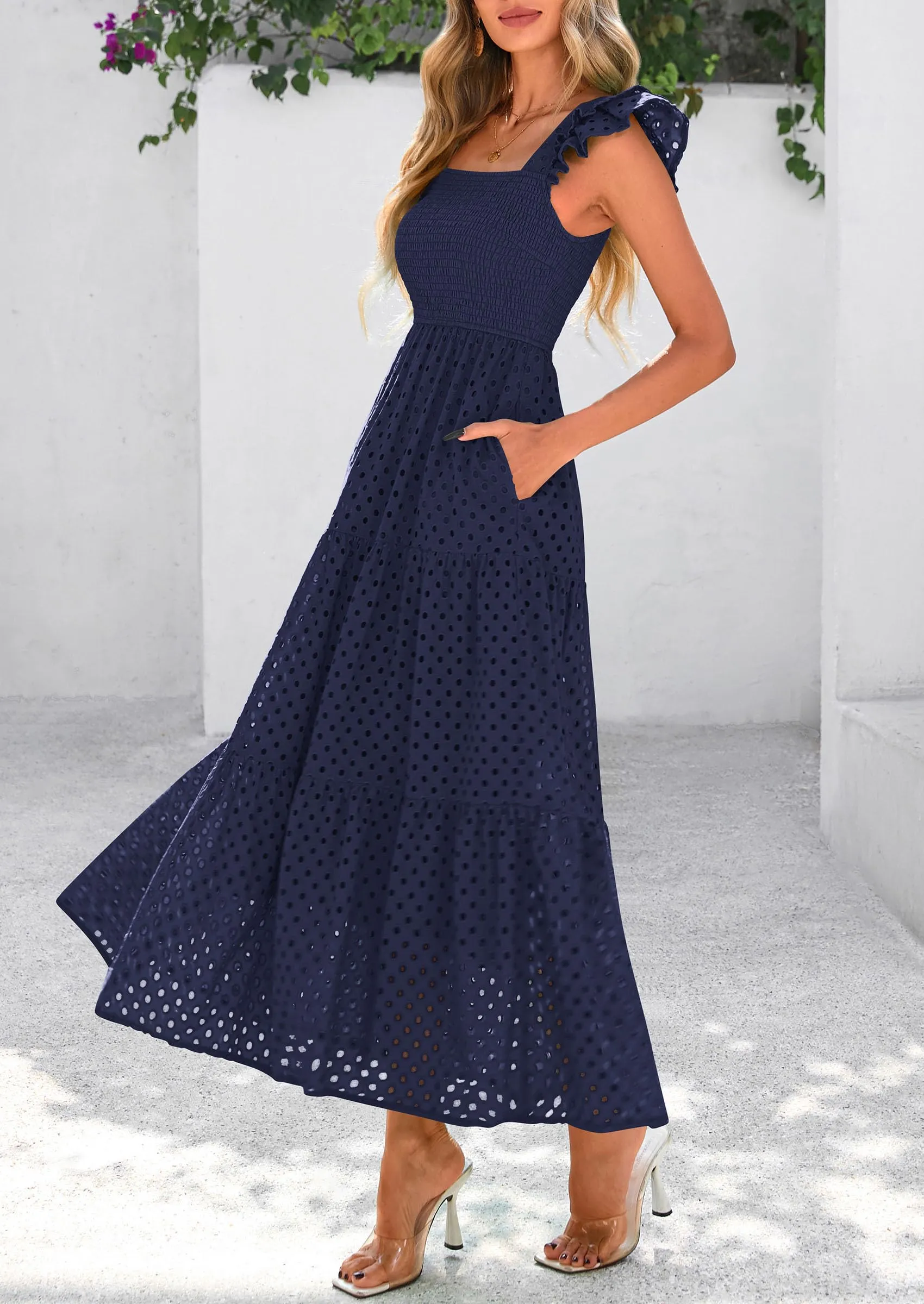 Square Neck Cap Sleeve Eyelet Smocked Tiered A Line Maxi Dresses with Pockets