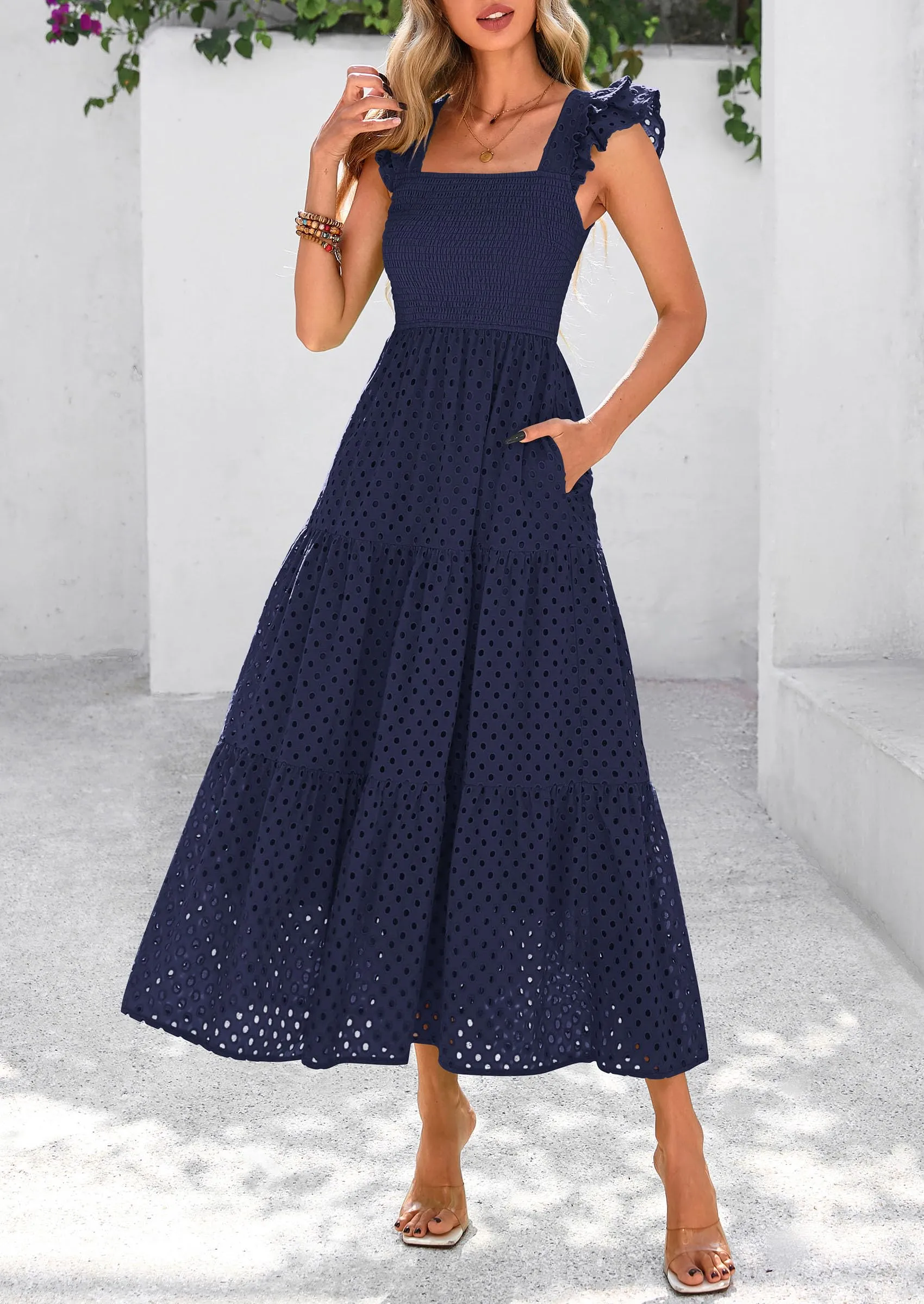 Square Neck Cap Sleeve Eyelet Smocked Tiered A Line Maxi Dresses with Pockets