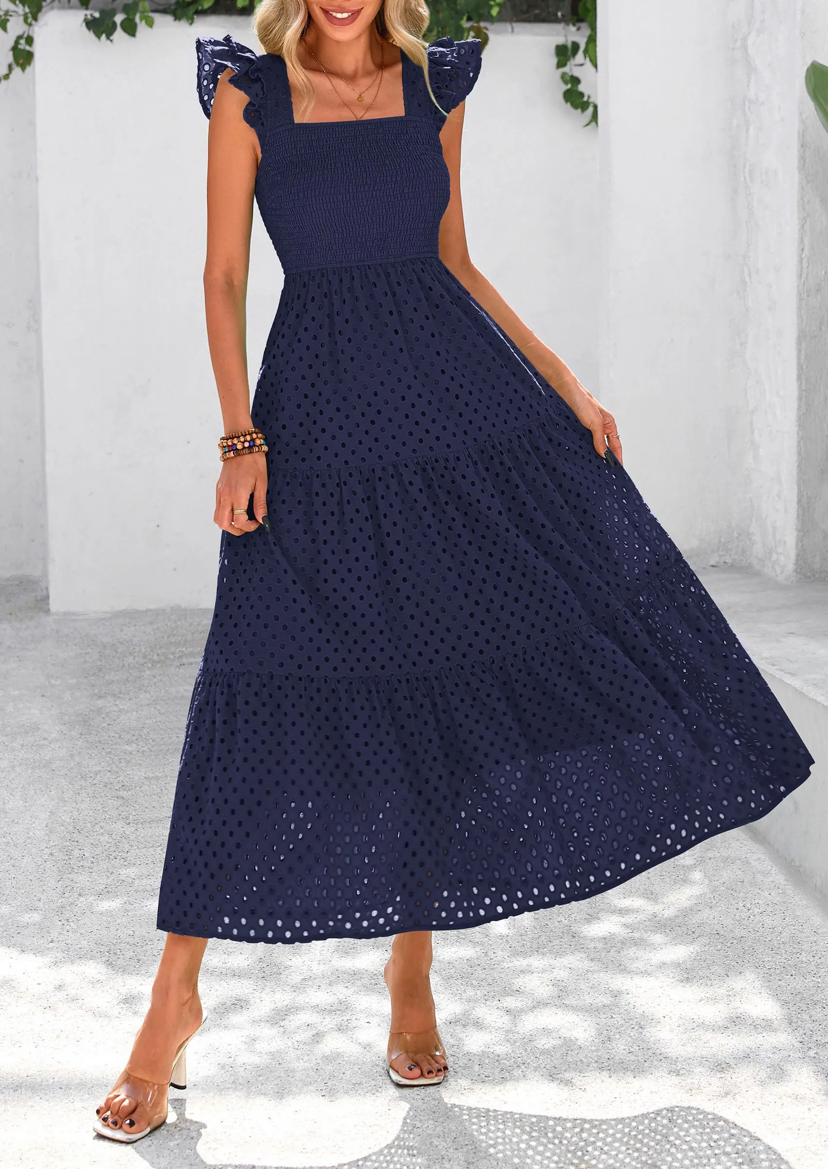 Square Neck Cap Sleeve Eyelet Smocked Tiered A Line Maxi Dresses with Pockets