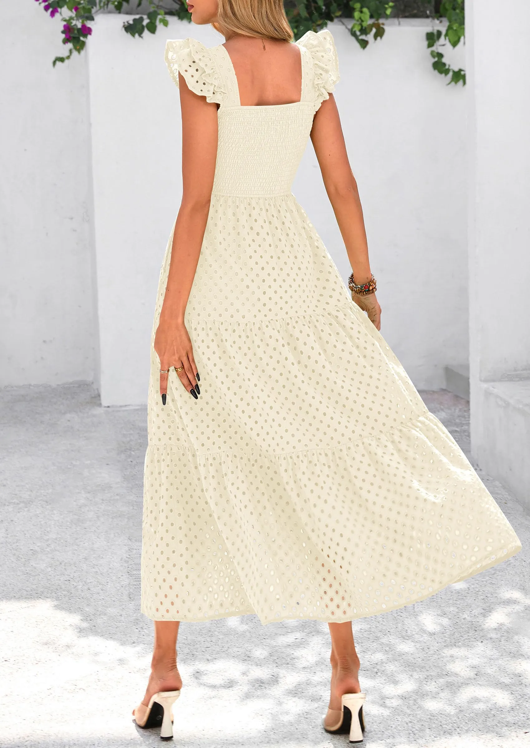 Square Neck Cap Sleeve Eyelet Smocked Tiered A Line Maxi Dresses with Pockets
