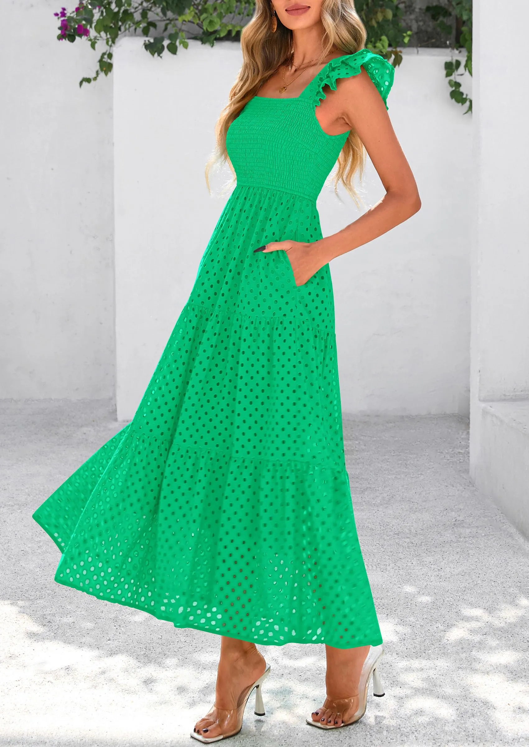 Square Neck Cap Sleeve Eyelet Smocked Tiered A Line Maxi Dresses with Pockets