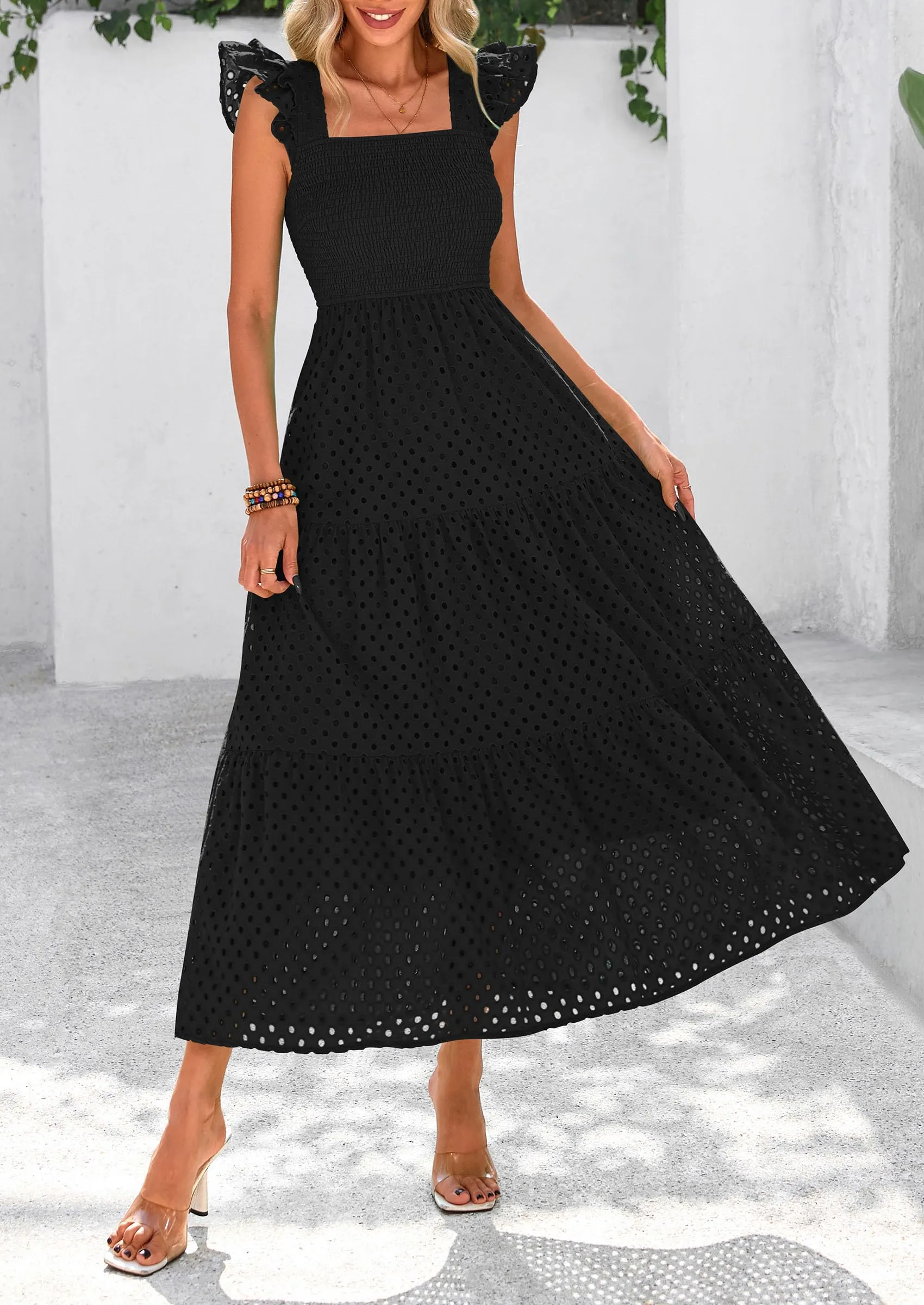 Square Neck Cap Sleeve Eyelet Smocked Tiered A Line Maxi Dresses with Pockets