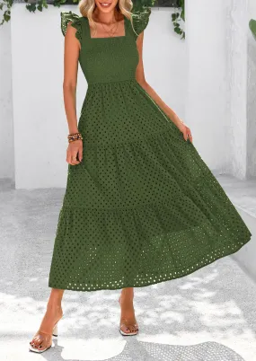 Square Neck Cap Sleeve Eyelet Smocked Tiered A Line Maxi Dresses with Pockets