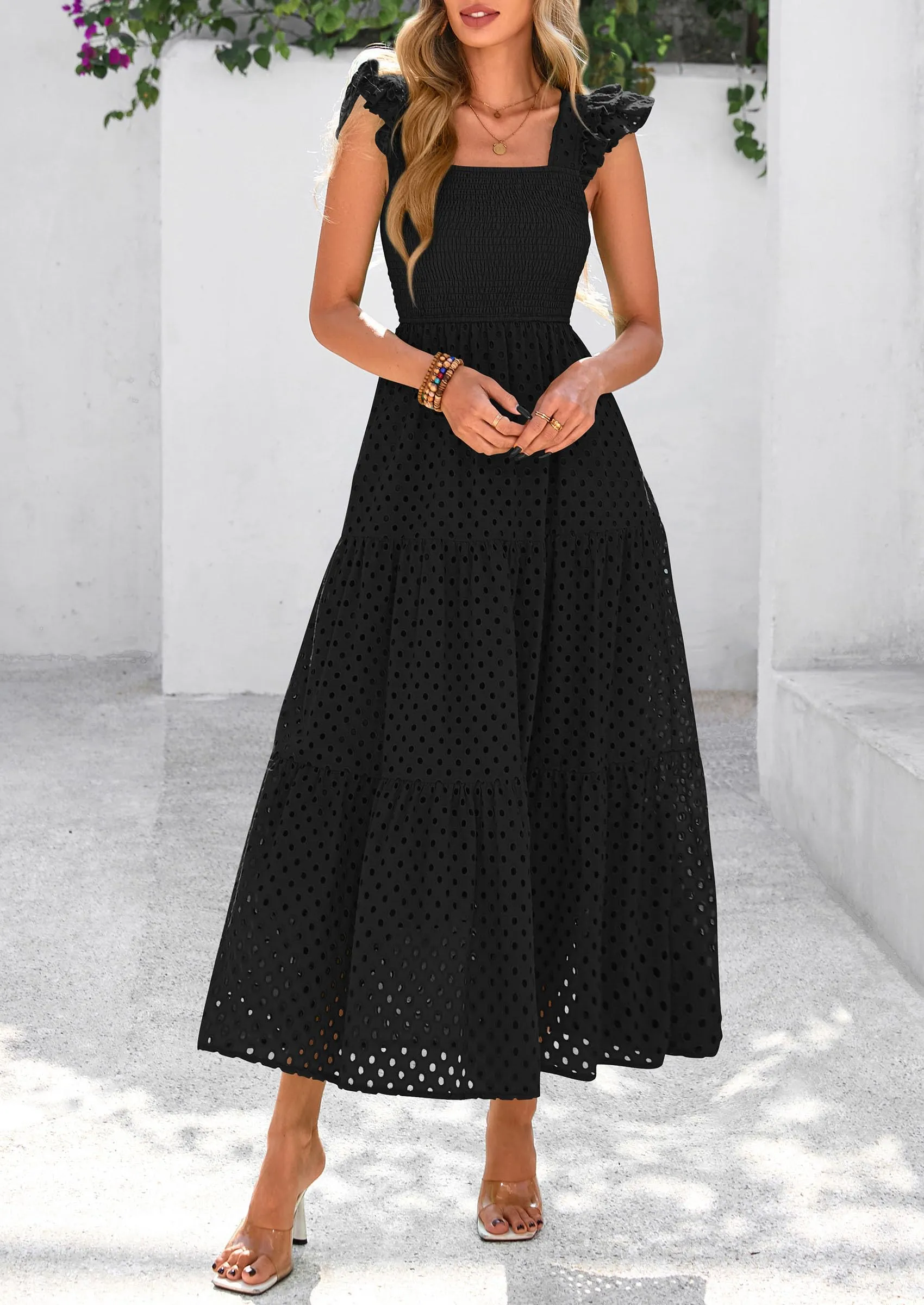 Square Neck Cap Sleeve Eyelet Smocked Tiered A Line Maxi Dresses with Pockets