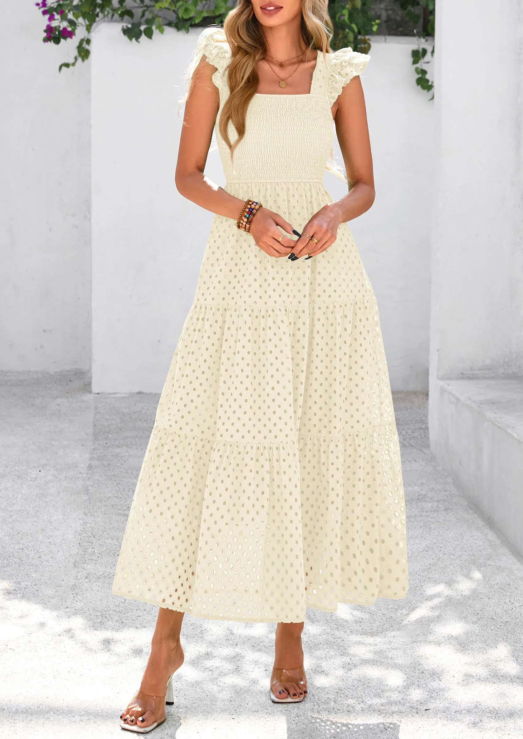 Square Neck Cap Sleeve Eyelet Smocked Tiered A Line Maxi Dresses with Pockets