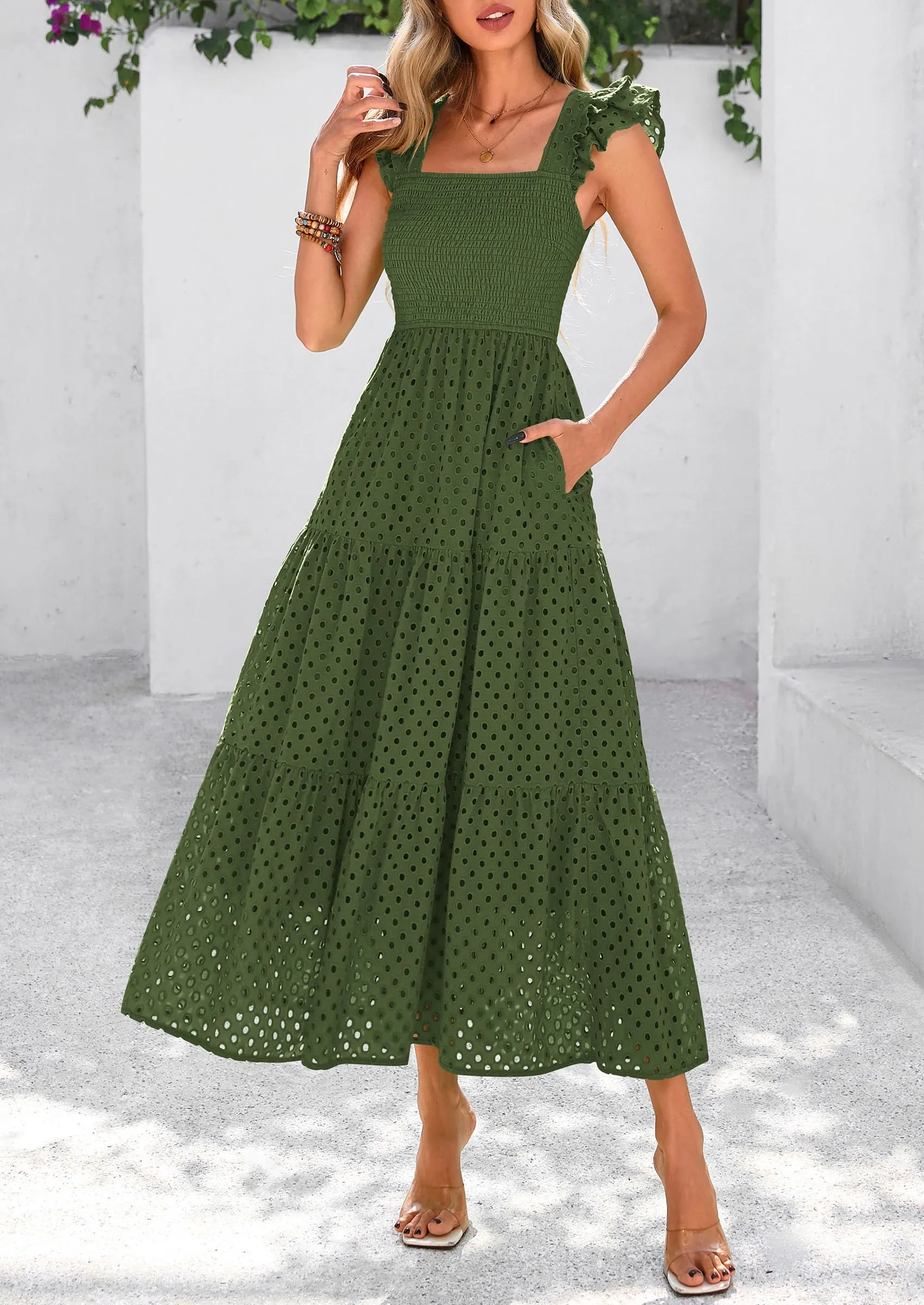 Square Neck Cap Sleeve Eyelet Smocked Tiered A Line Maxi Dresses with Pockets