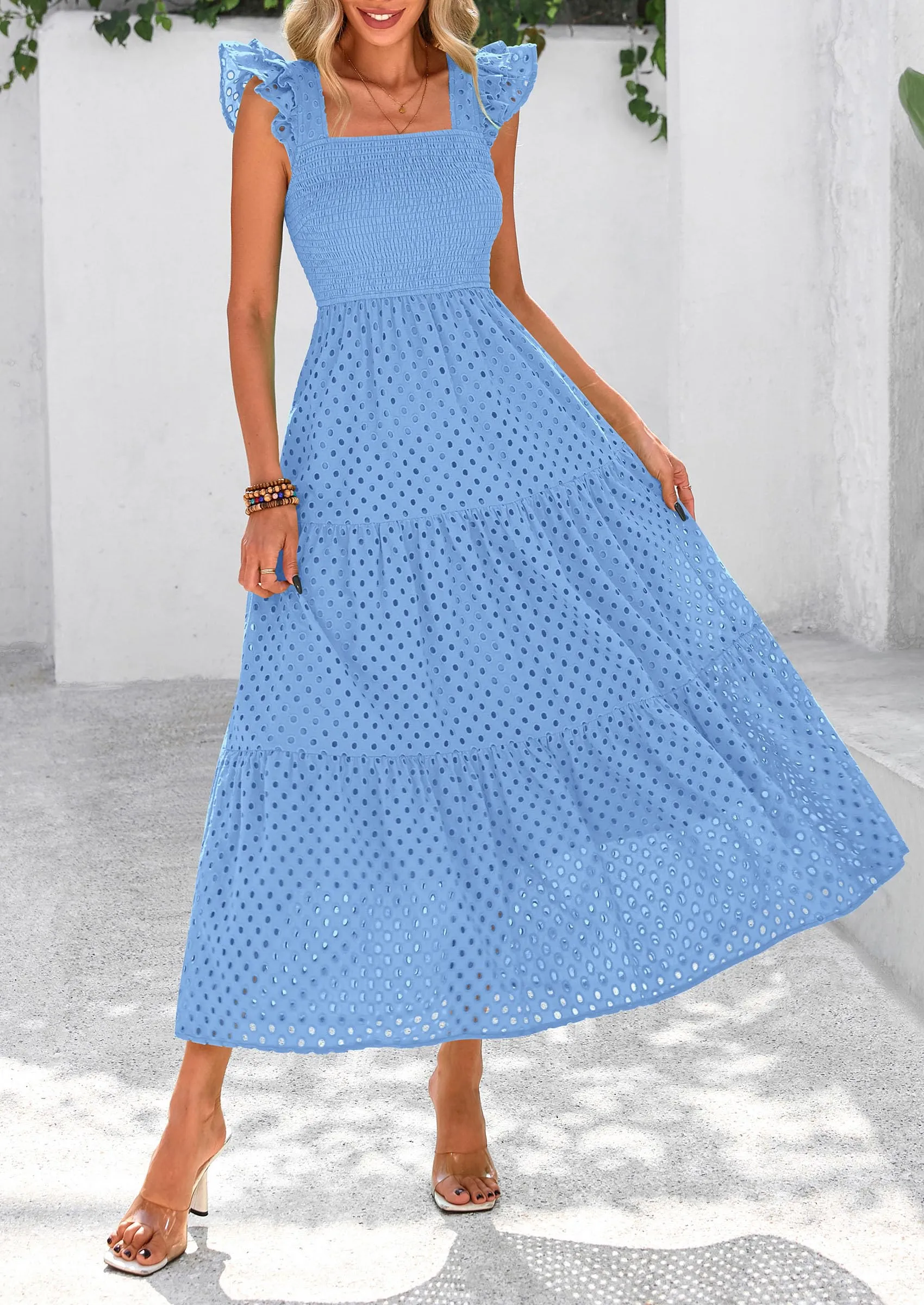 Square Neck Cap Sleeve Eyelet Smocked Tiered A Line Maxi Dresses with Pockets