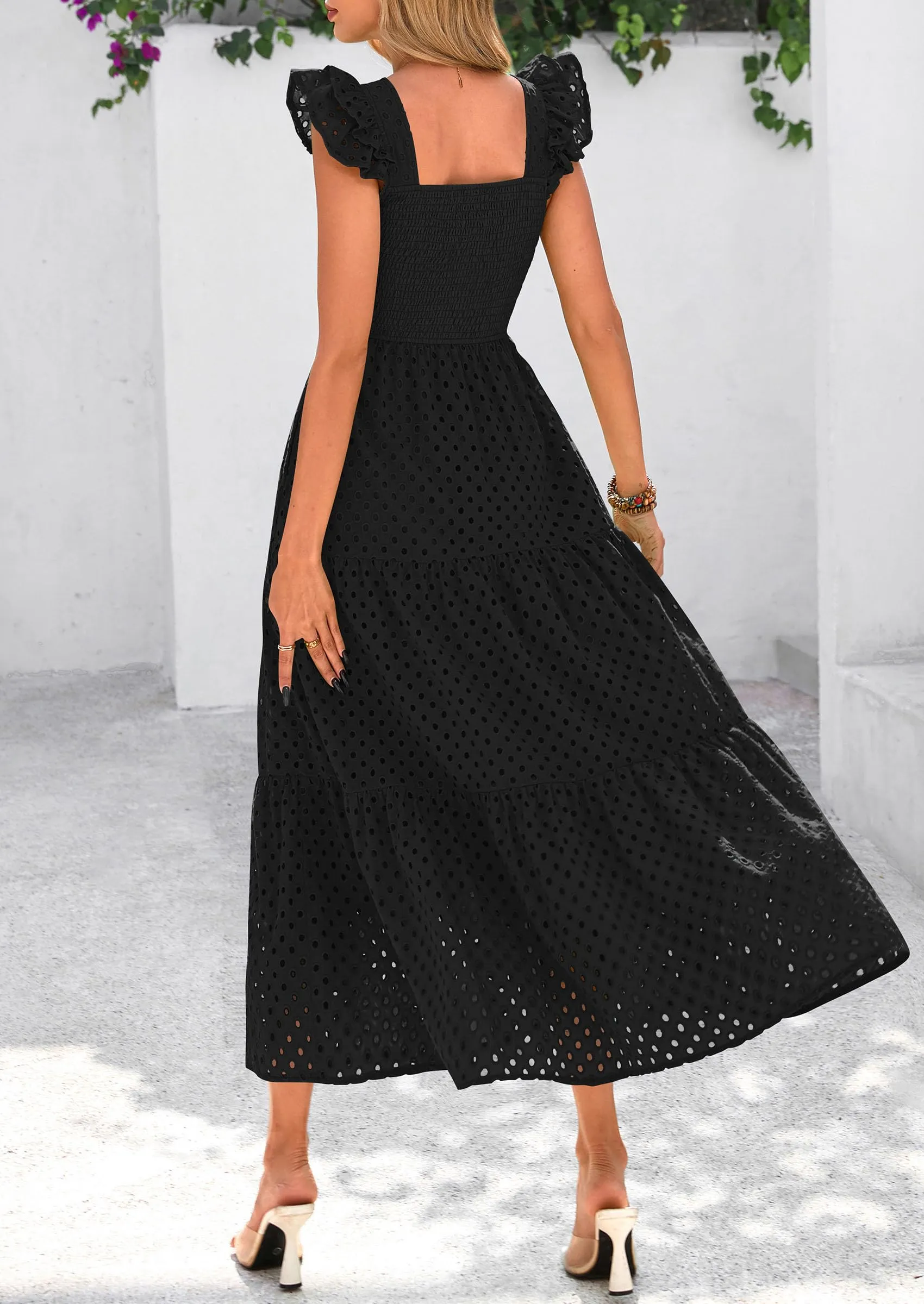 Square Neck Cap Sleeve Eyelet Smocked Tiered A Line Maxi Dresses with Pockets