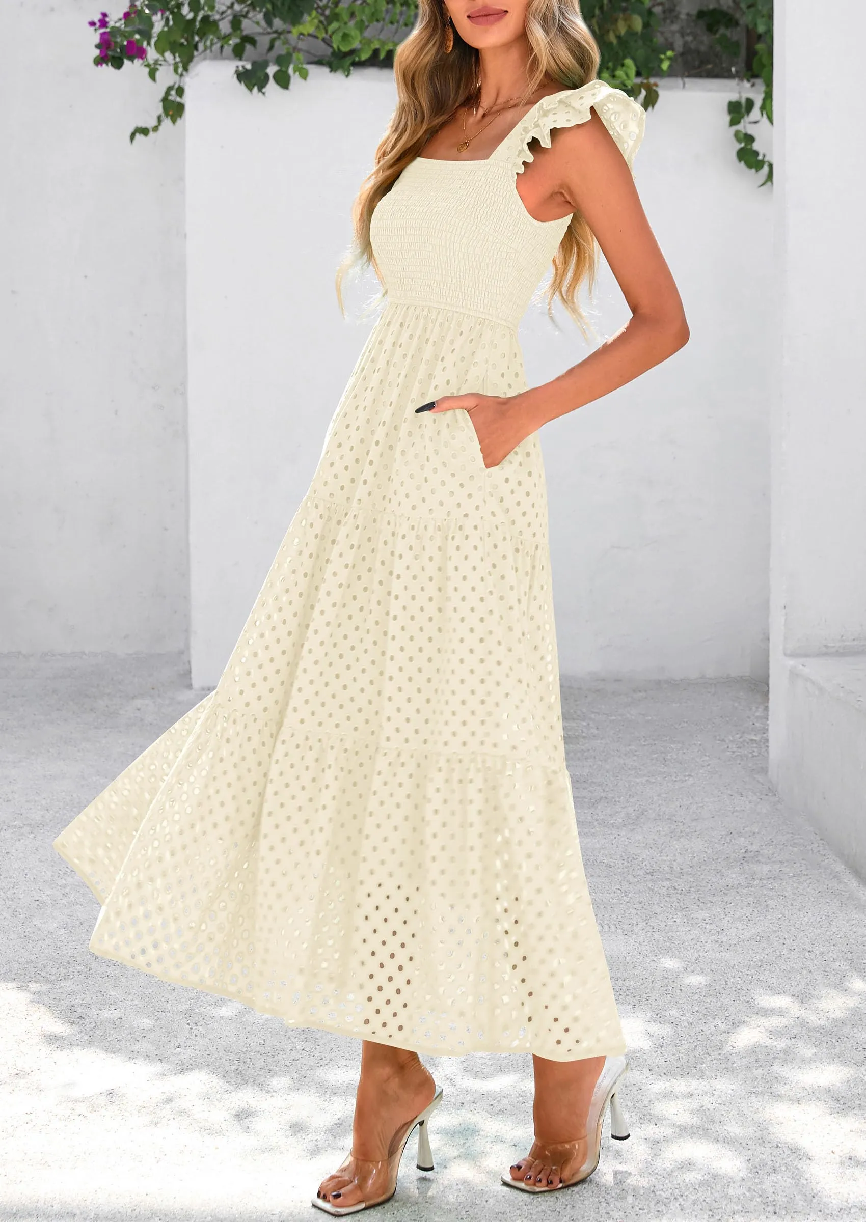 Square Neck Cap Sleeve Eyelet Smocked Tiered A Line Maxi Dresses with Pockets