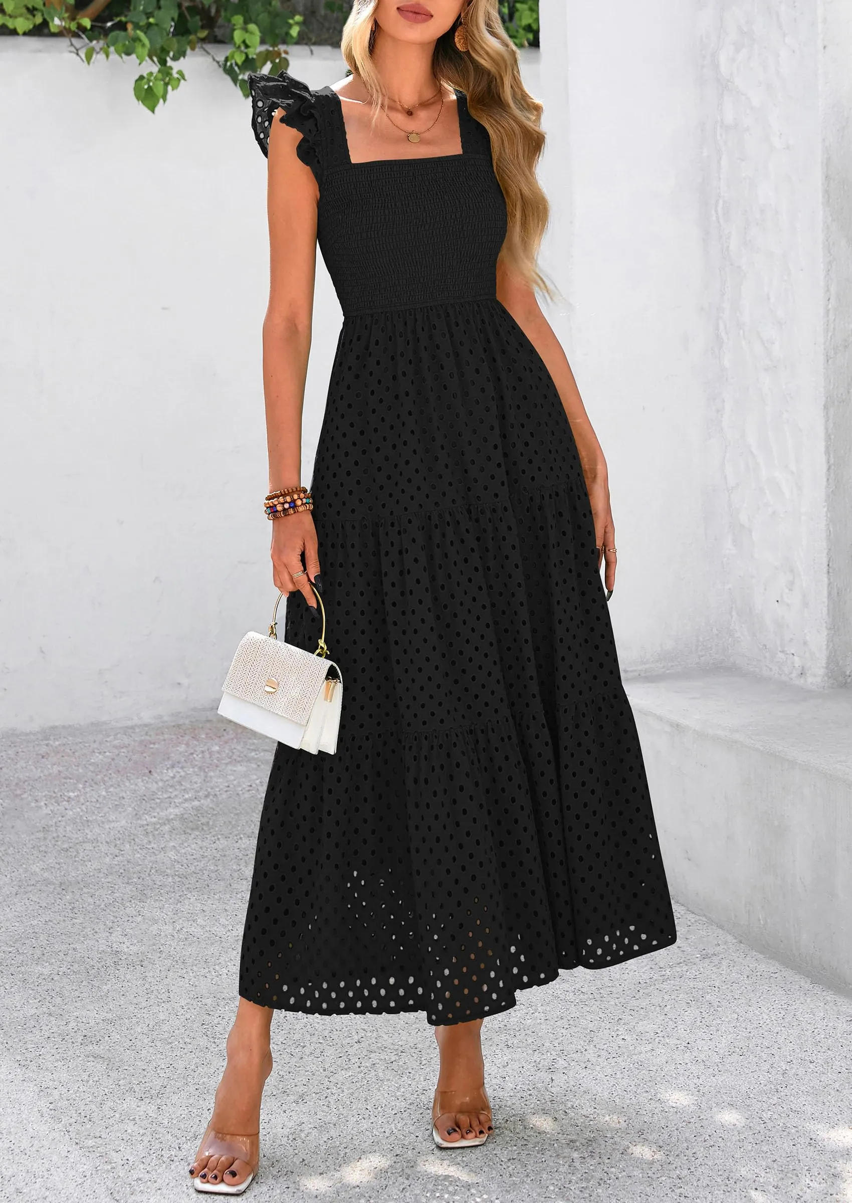 Square Neck Cap Sleeve Eyelet Smocked Tiered A Line Maxi Dresses with Pockets