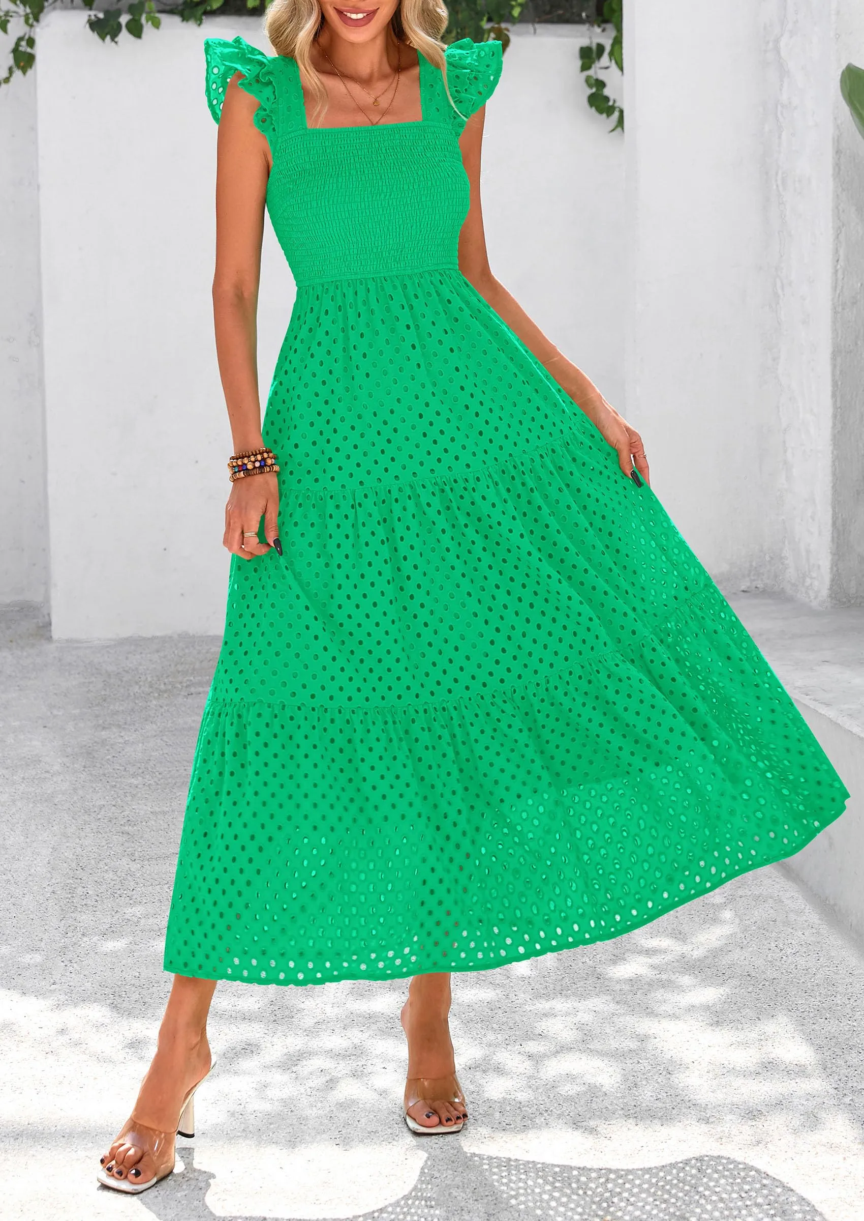 Square Neck Cap Sleeve Eyelet Smocked Tiered A Line Maxi Dresses with Pockets