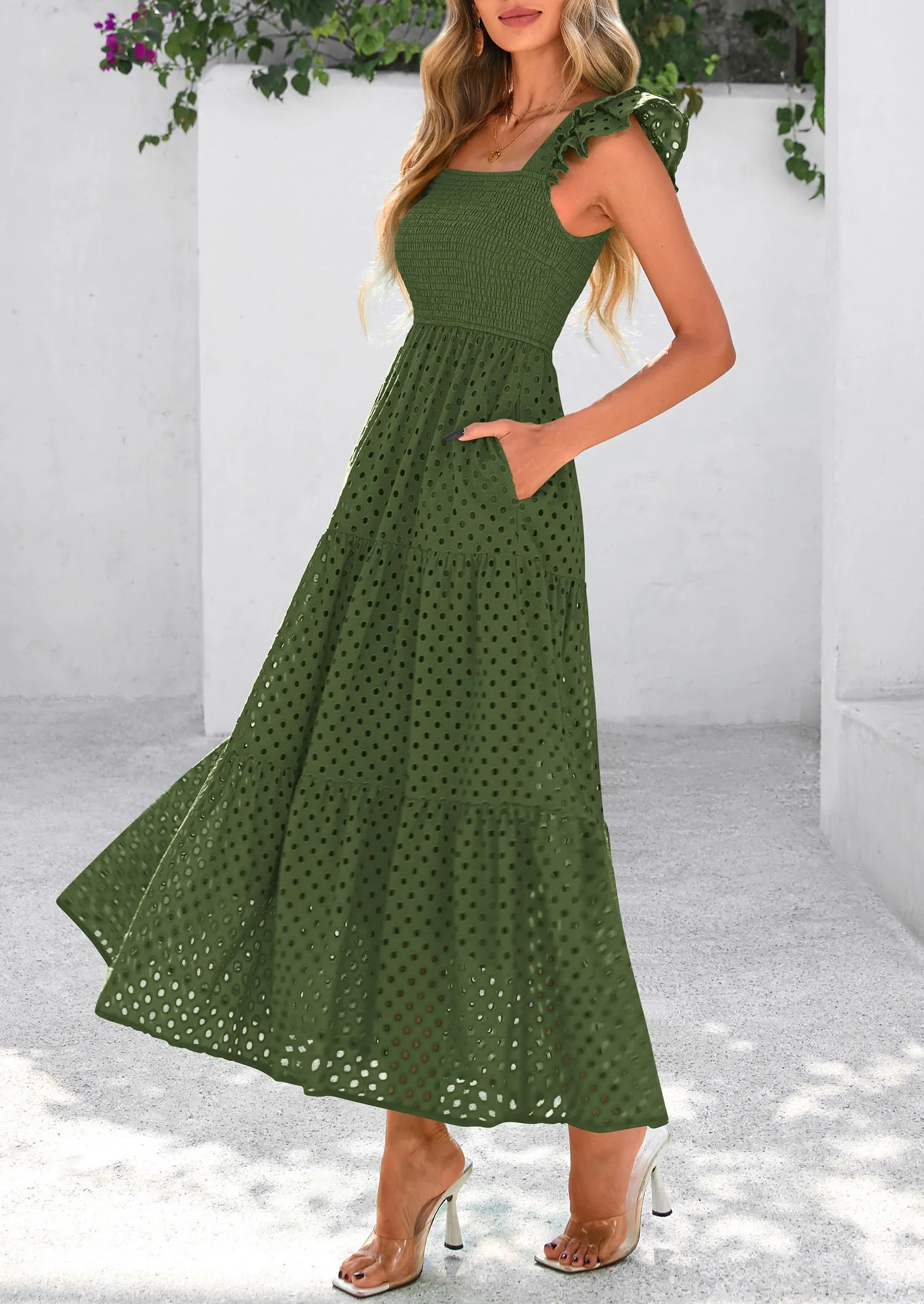 Square Neck Cap Sleeve Eyelet Smocked Tiered A Line Maxi Dresses with Pockets
