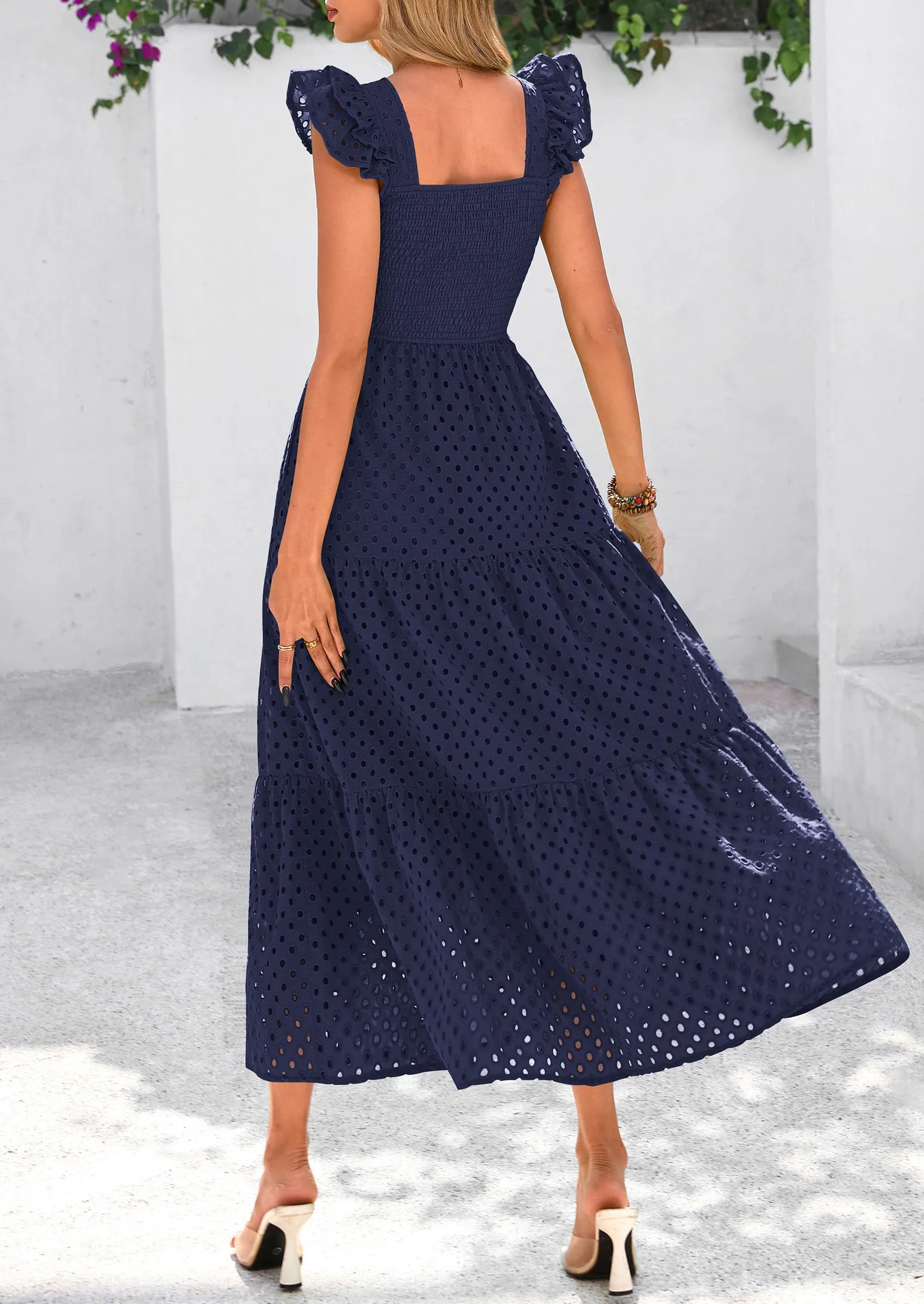 Square Neck Cap Sleeve Eyelet Smocked Tiered A Line Maxi Dresses with Pockets