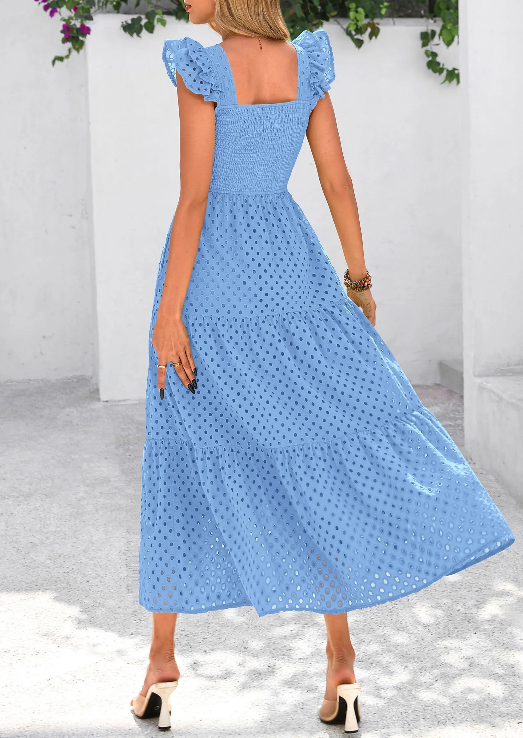 Square Neck Cap Sleeve Eyelet Smocked Tiered A Line Maxi Dresses with Pockets