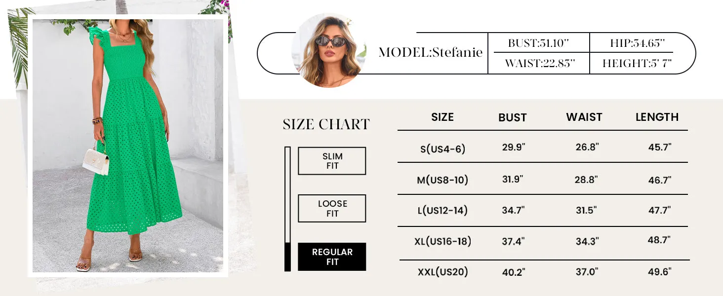 Square Neck Cap Sleeve Eyelet Smocked Tiered A Line Maxi Dresses with Pockets