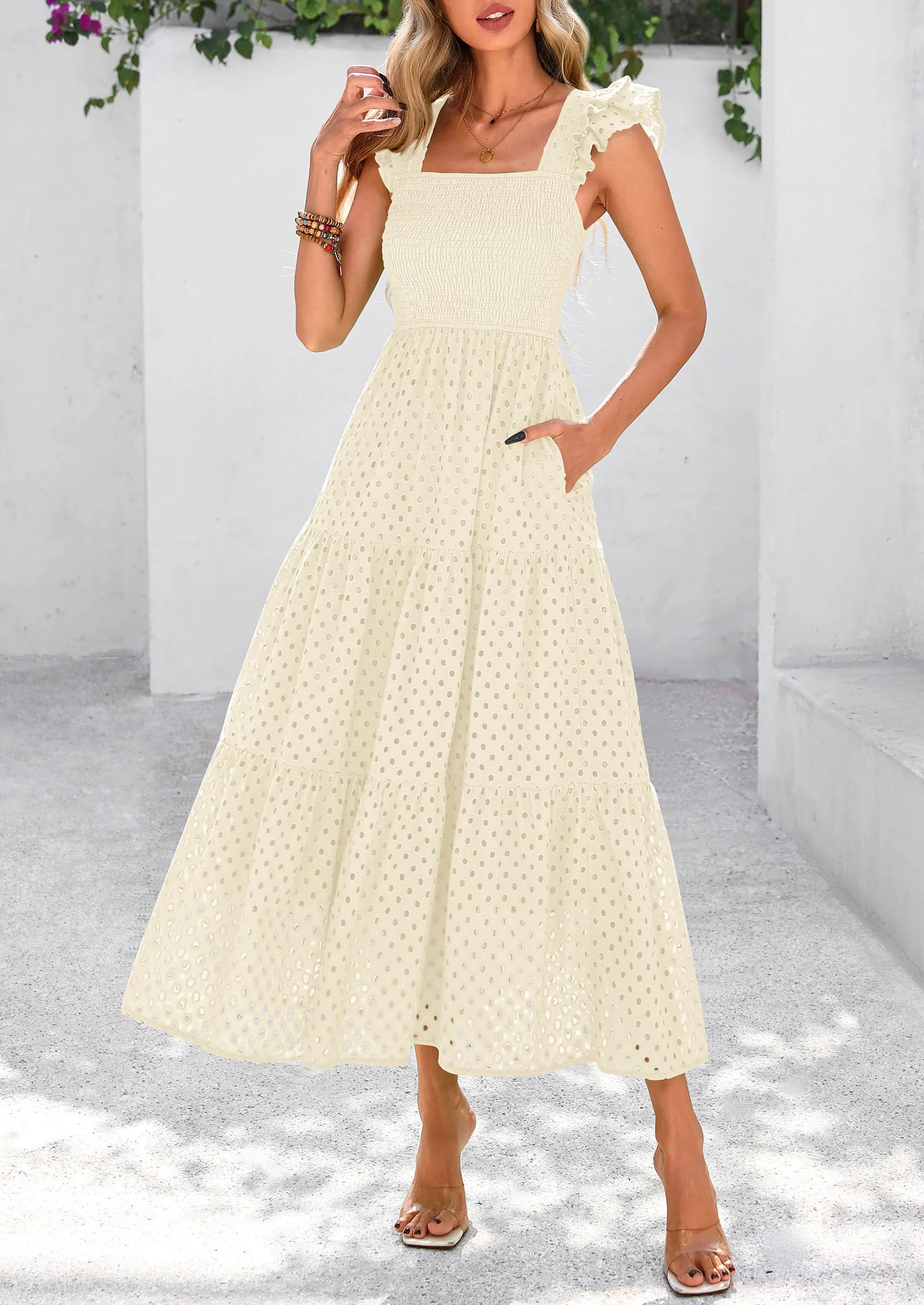 Square Neck Cap Sleeve Eyelet Smocked Tiered A Line Maxi Dresses with Pockets