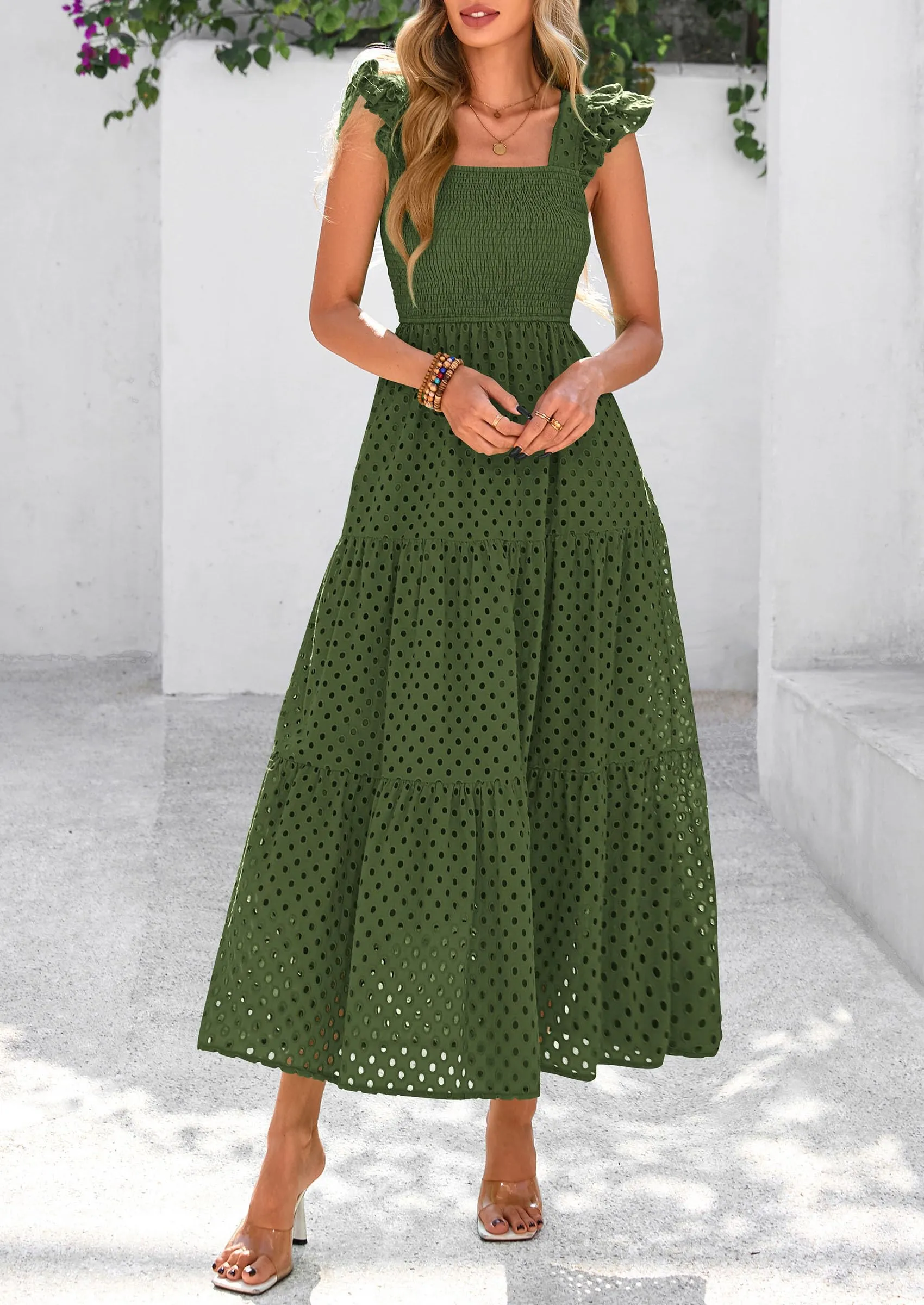 Square Neck Cap Sleeve Eyelet Smocked Tiered A Line Maxi Dresses with Pockets