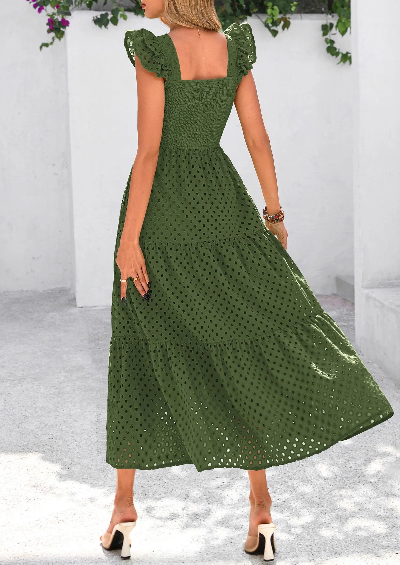 Square Neck Cap Sleeve Eyelet Smocked Tiered A Line Maxi Dresses with Pockets