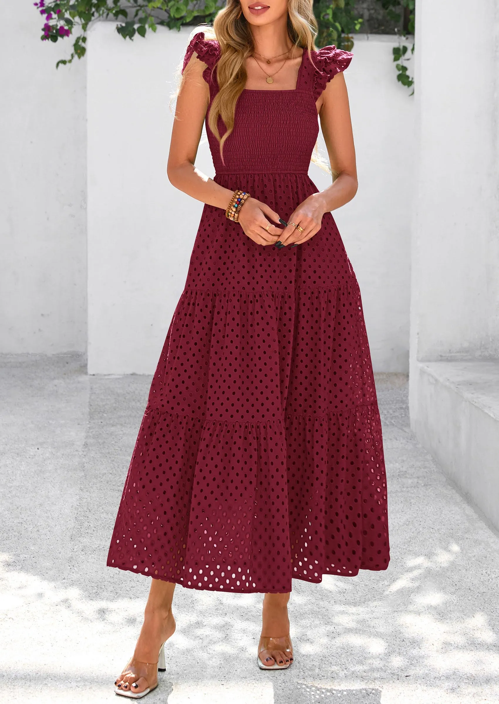 Square Neck Cap Sleeve Eyelet Smocked Tiered A Line Maxi Dresses with Pockets