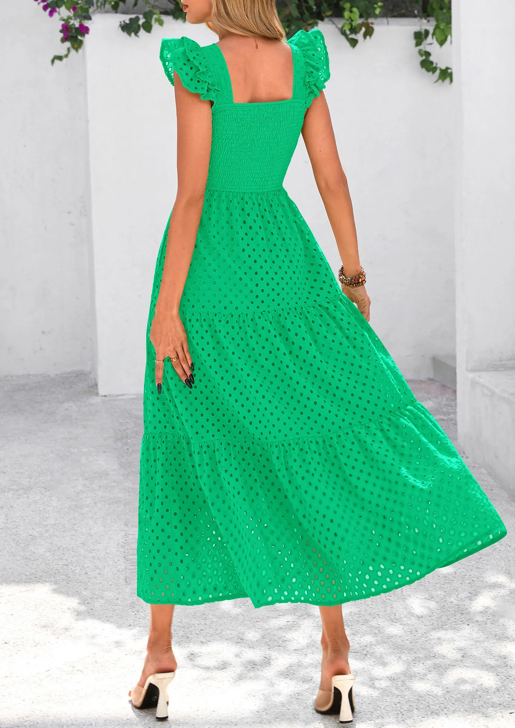 Square Neck Cap Sleeve Eyelet Smocked Tiered A Line Maxi Dresses with Pockets
