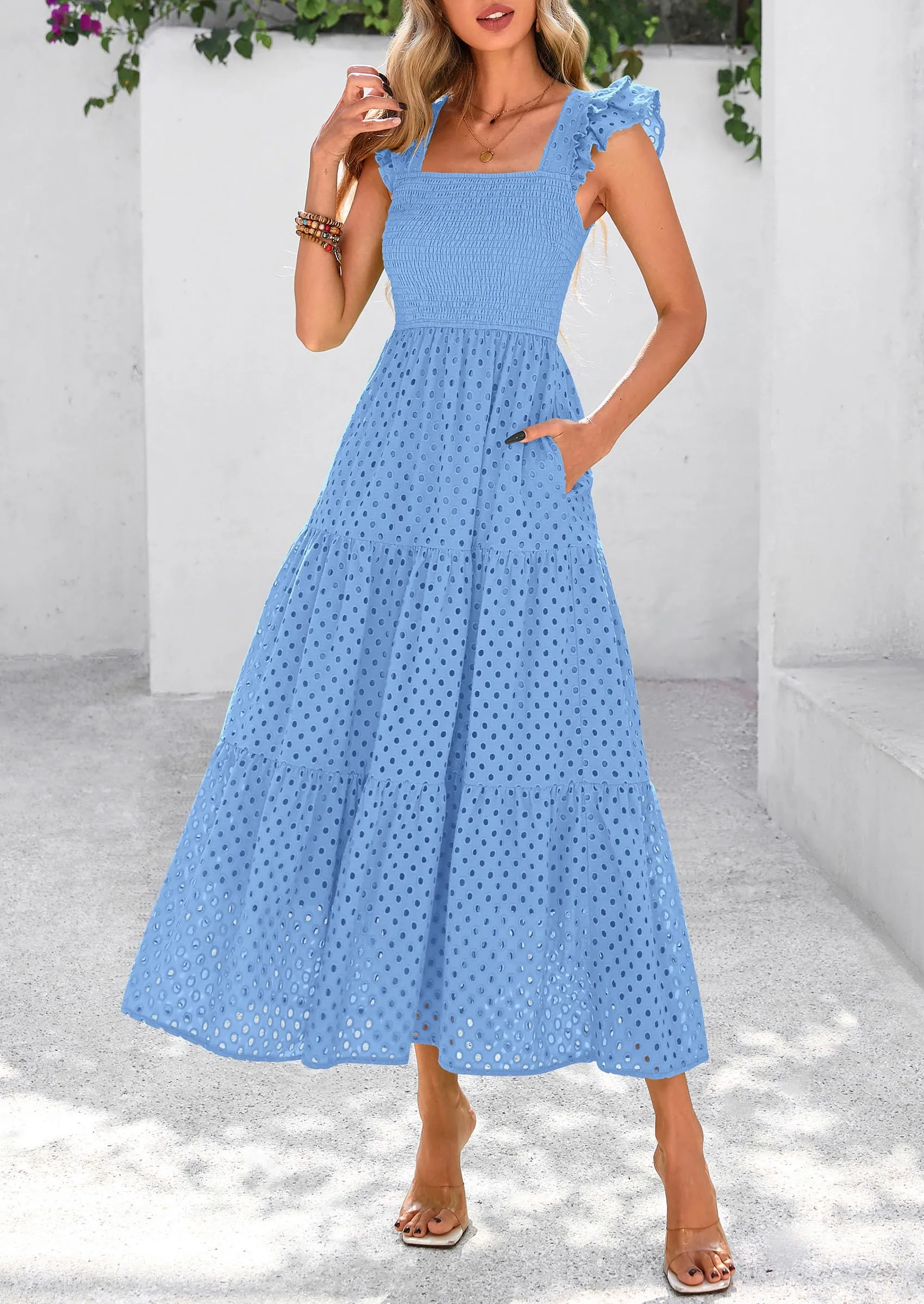 Square Neck Cap Sleeve Eyelet Smocked Tiered A Line Maxi Dresses with Pockets