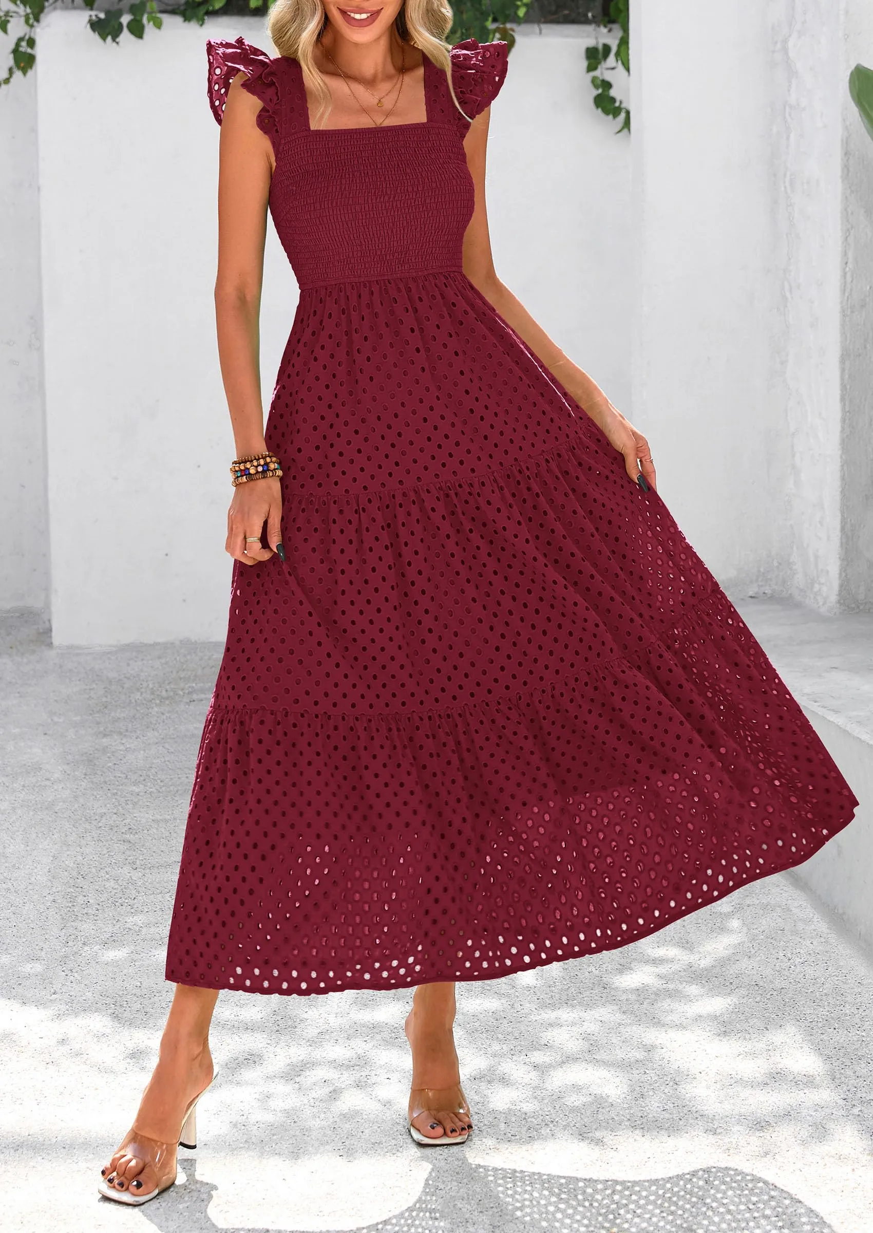 Square Neck Cap Sleeve Eyelet Smocked Tiered A Line Maxi Dresses with Pockets