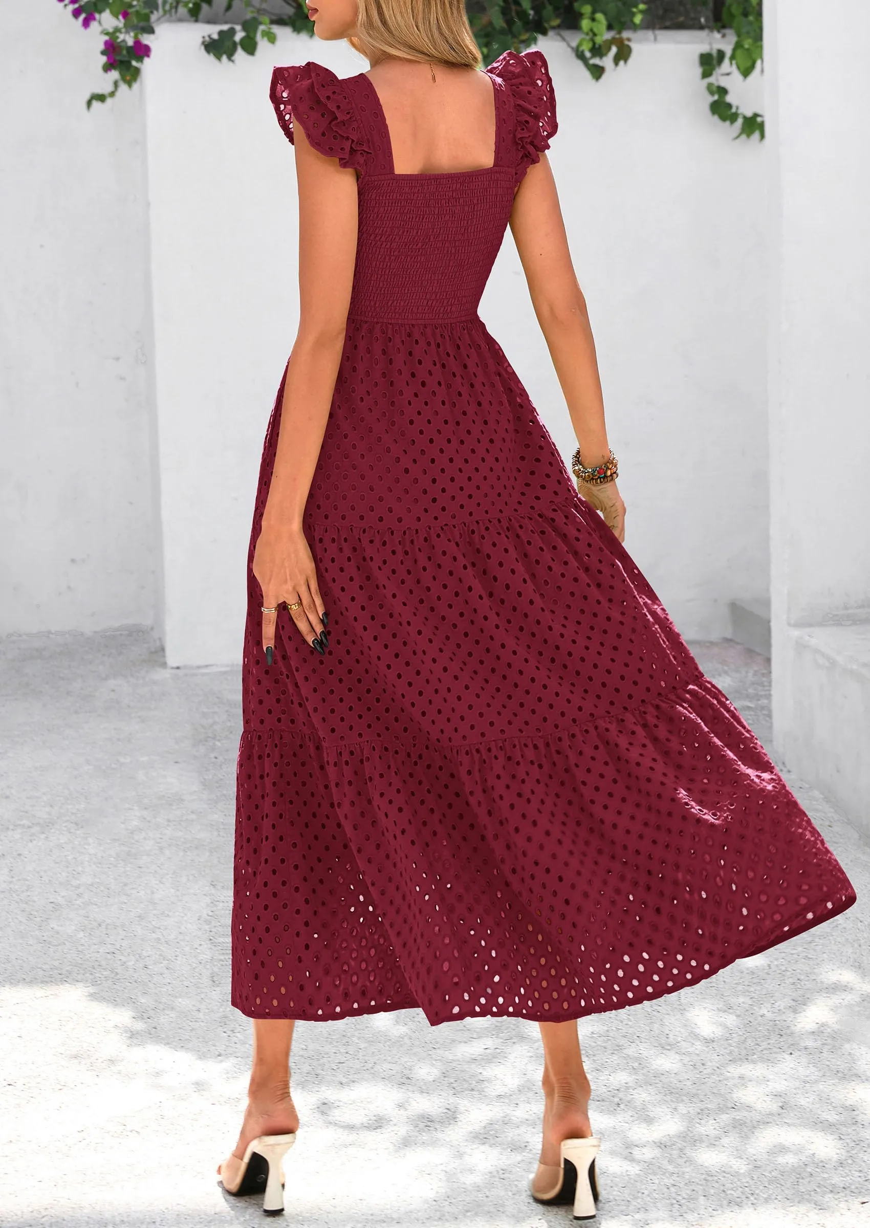 Square Neck Cap Sleeve Eyelet Smocked Tiered A Line Maxi Dresses with Pockets