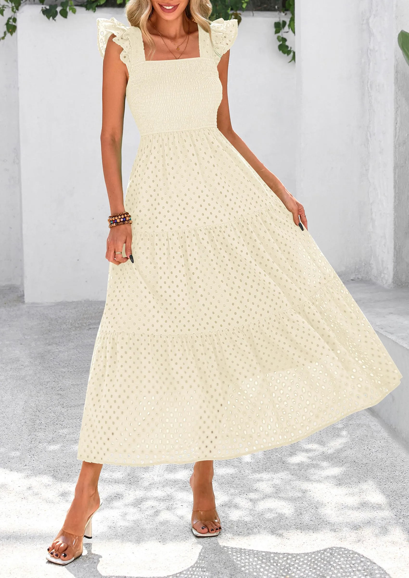 Square Neck Cap Sleeve Eyelet Smocked Tiered A Line Maxi Dresses with Pockets