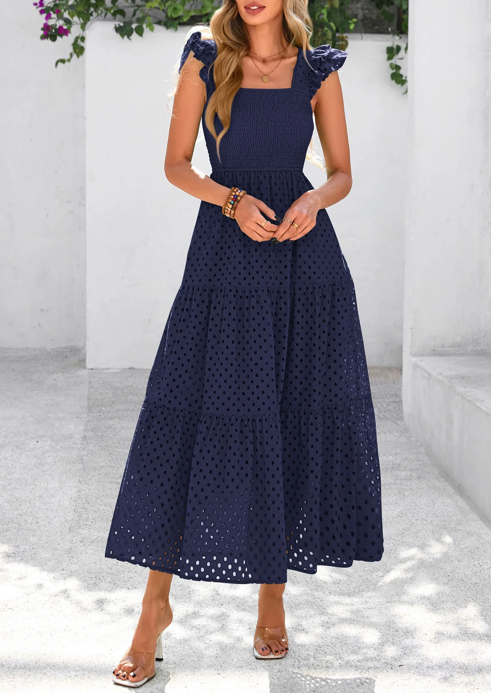 Square Neck Cap Sleeve Eyelet Smocked Tiered A Line Maxi Dresses with Pockets