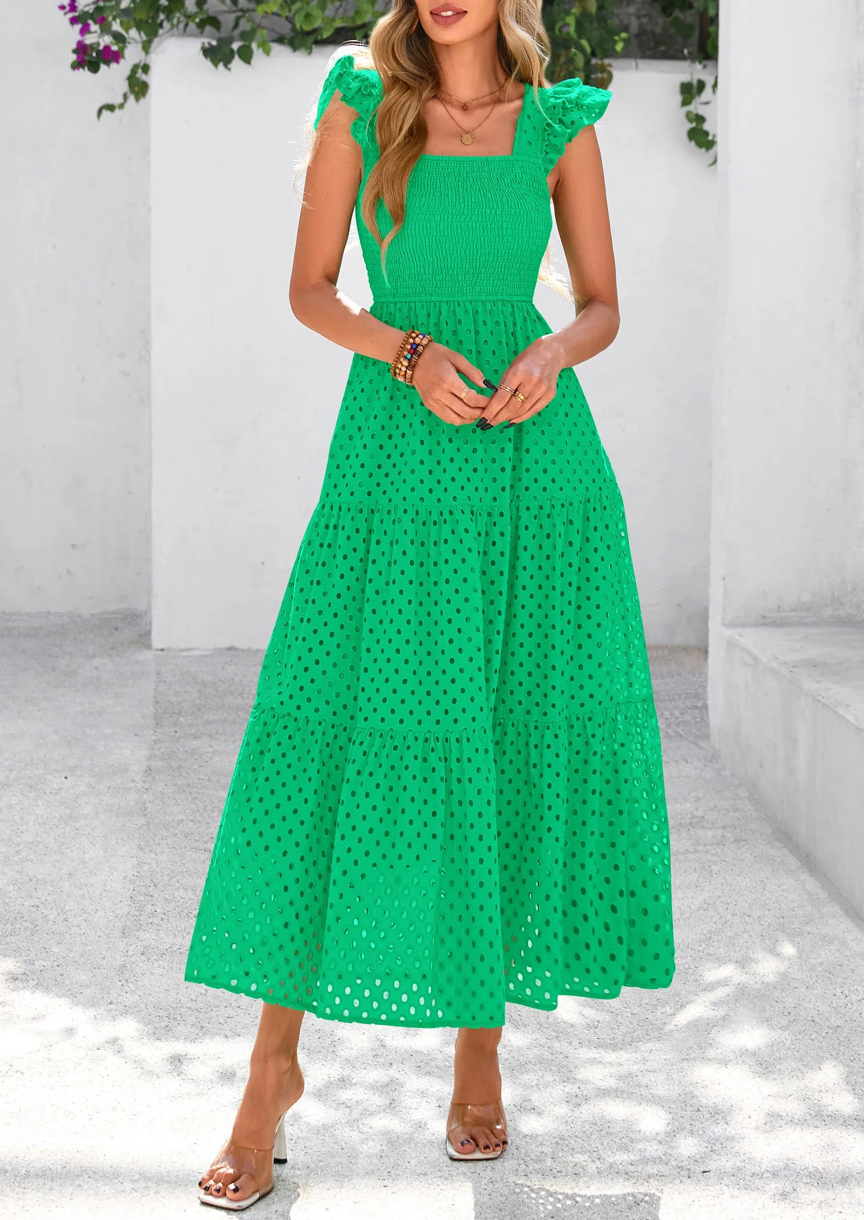 Square Neck Cap Sleeve Eyelet Smocked Tiered A Line Maxi Dresses with Pockets