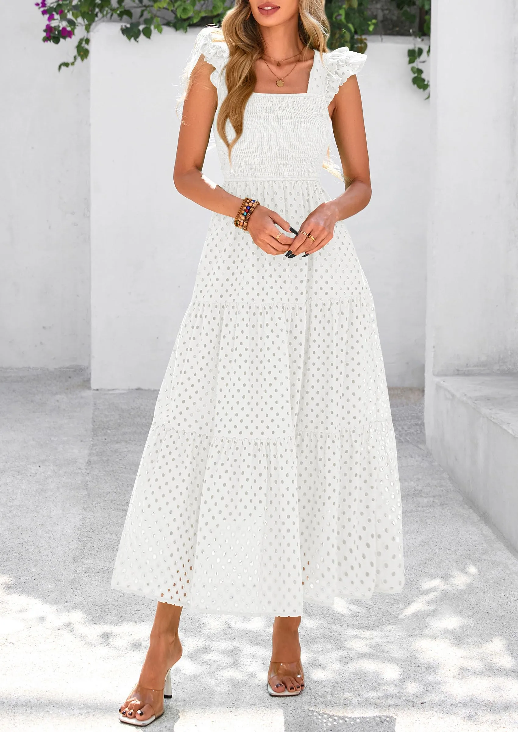Square Neck Cap Sleeve Eyelet Smocked Tiered A Line Maxi Dresses with Pockets