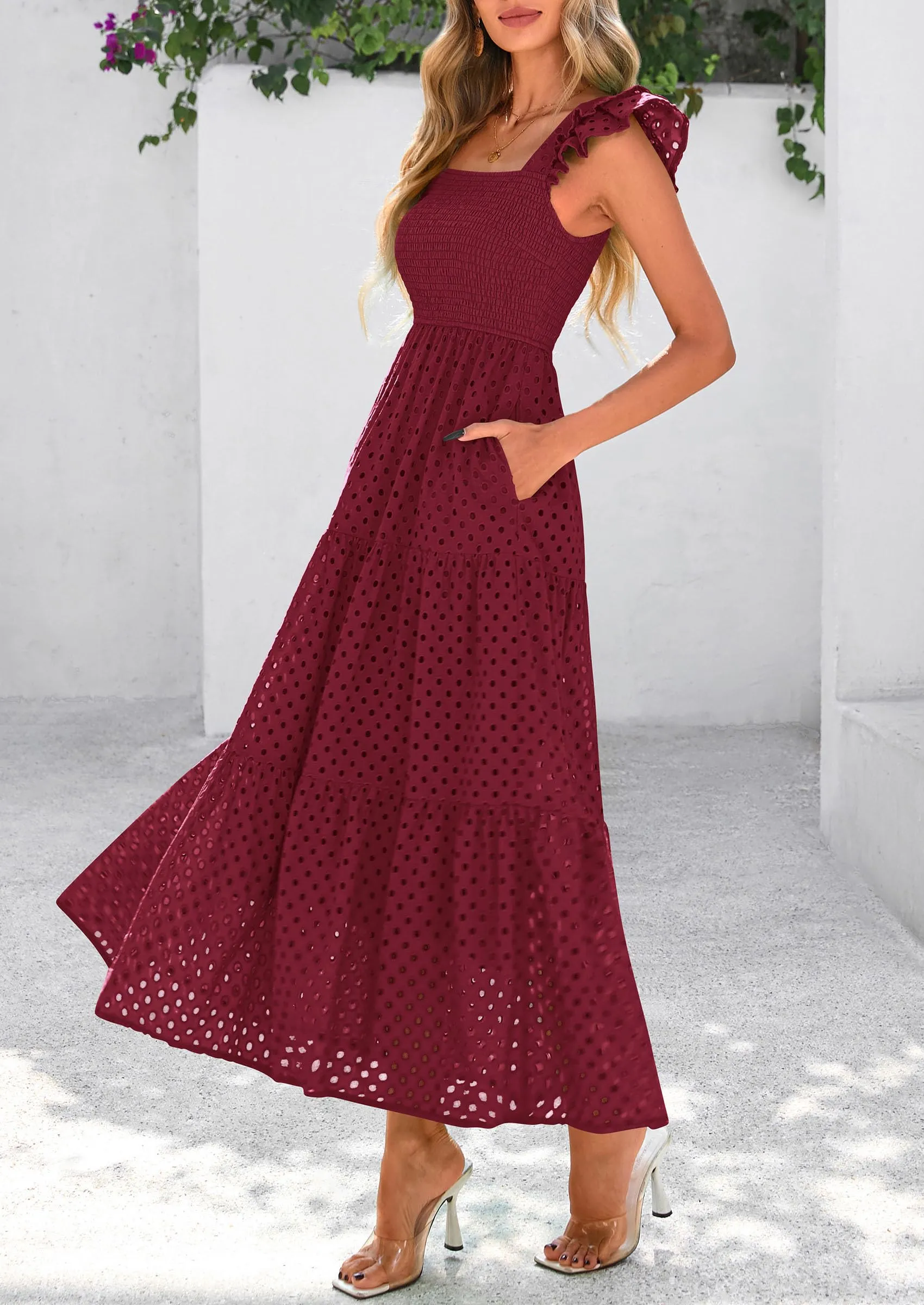 Square Neck Cap Sleeve Eyelet Smocked Tiered A Line Maxi Dresses with Pockets
