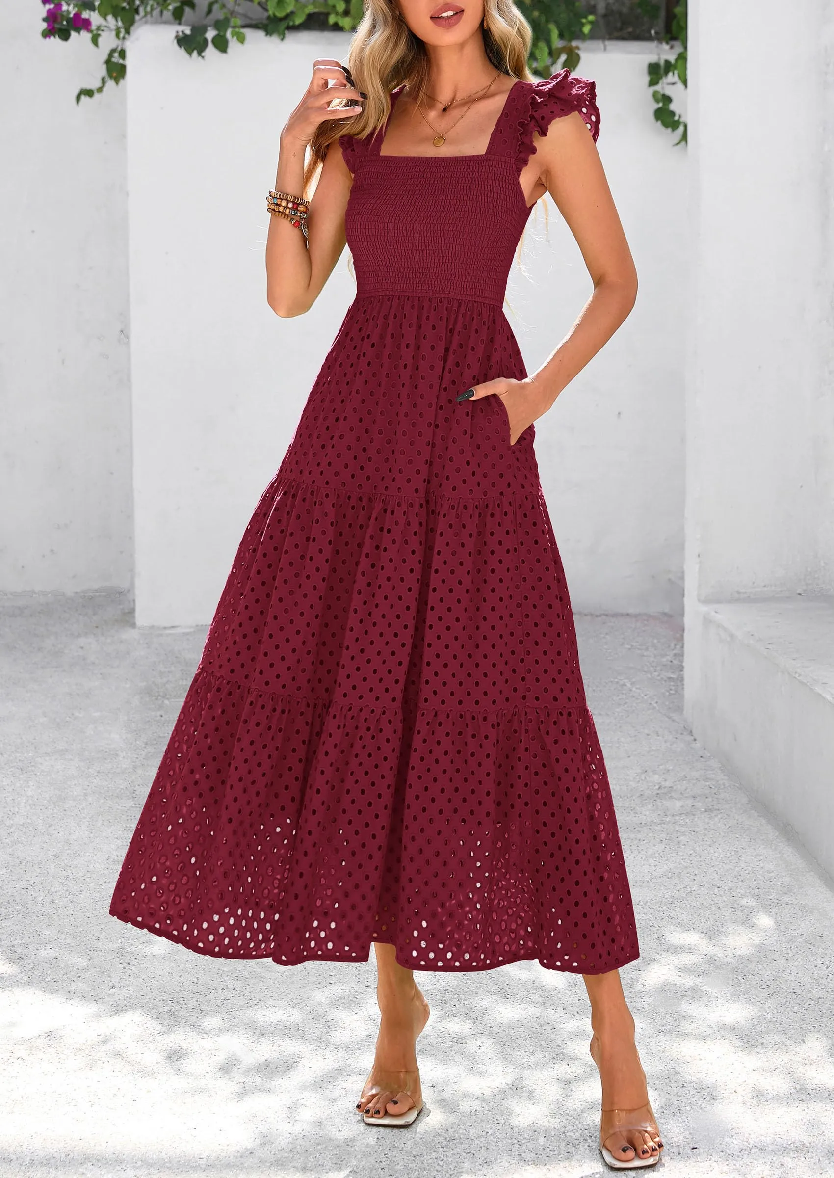 Square Neck Cap Sleeve Eyelet Smocked Tiered A Line Maxi Dresses with Pockets