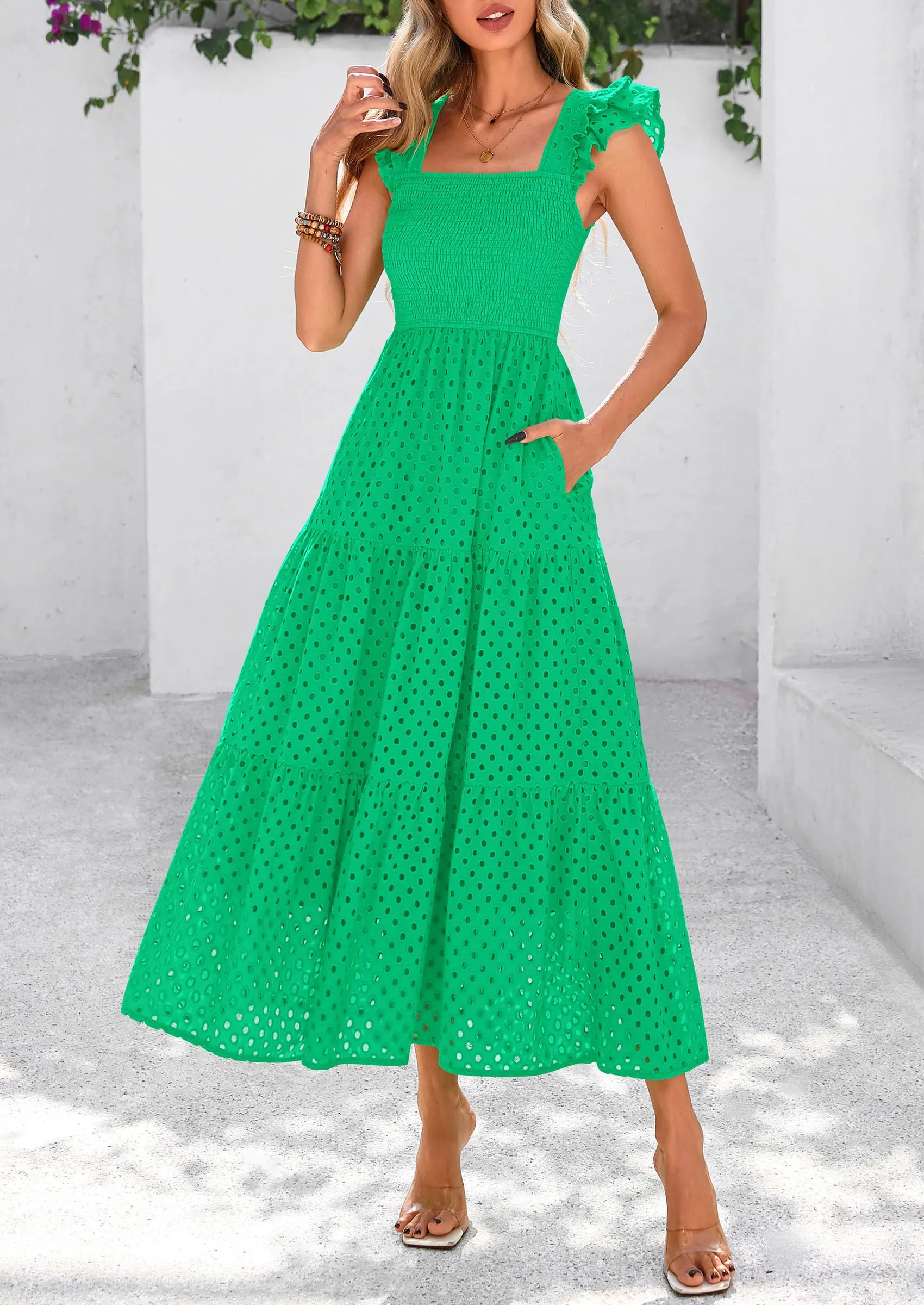 Square Neck Cap Sleeve Eyelet Smocked Tiered A Line Maxi Dresses with Pockets
